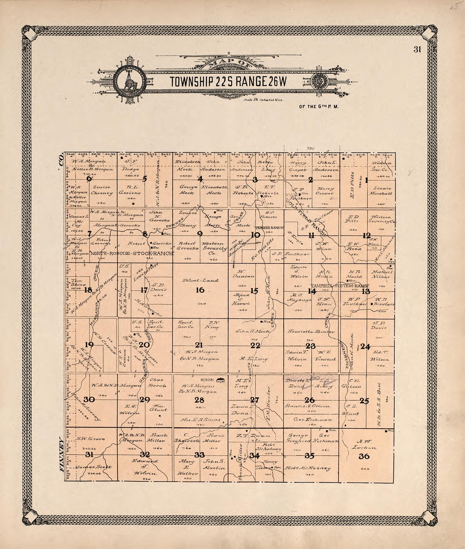 Map of Township 22 S Range 26 W from Standard Atlas of Hodgeman County, Kansas : Including a Plat Book of the Villages, Cities and Townships of the County, Map of the State, United States and World, Patrons Directory, Reference Business … 1907 by Relic Map Company