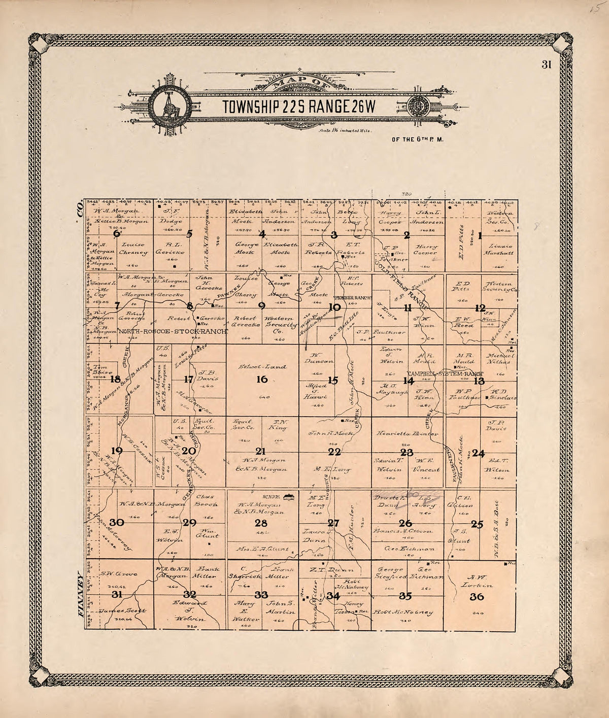 Map of Township 22 S Range 26 W from Standard Atlas of Hodgeman County, Kansas : Including a Plat Book of the Villages, Cities and Townships of the County, Map of the State, United States and World, Patrons Directory, Reference Business … 1907 by Relic Map Company