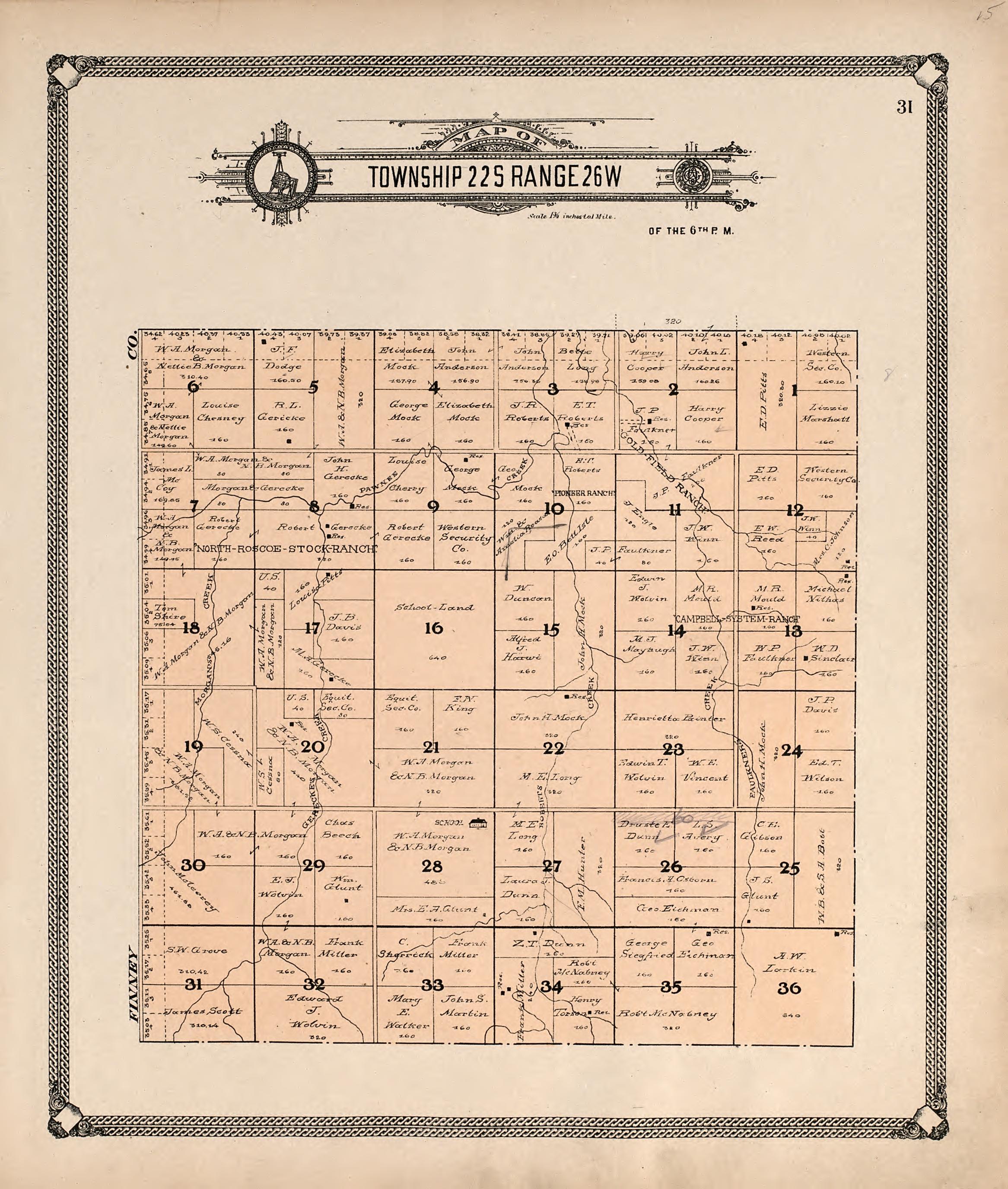 Map of Township 22 S Range 26 W from Standard Atlas of Hodgeman County, Kansas : Including a Plat Book of the Villages, Cities and Townships of the County, Map of the State, United States and World, Patrons Directory, Reference Business … 1907 by Relic Map Company
