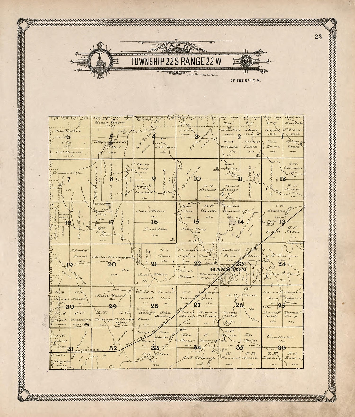 Map of Township 22 S Range 22 W from Standard Atlas of Hodgeman County, Kansas : Including a Plat Book of the Villages, Cities and Townships of the County, Map of the State, United States and World, Patrons Directory, Reference Business … 1907 by Relic Map Company