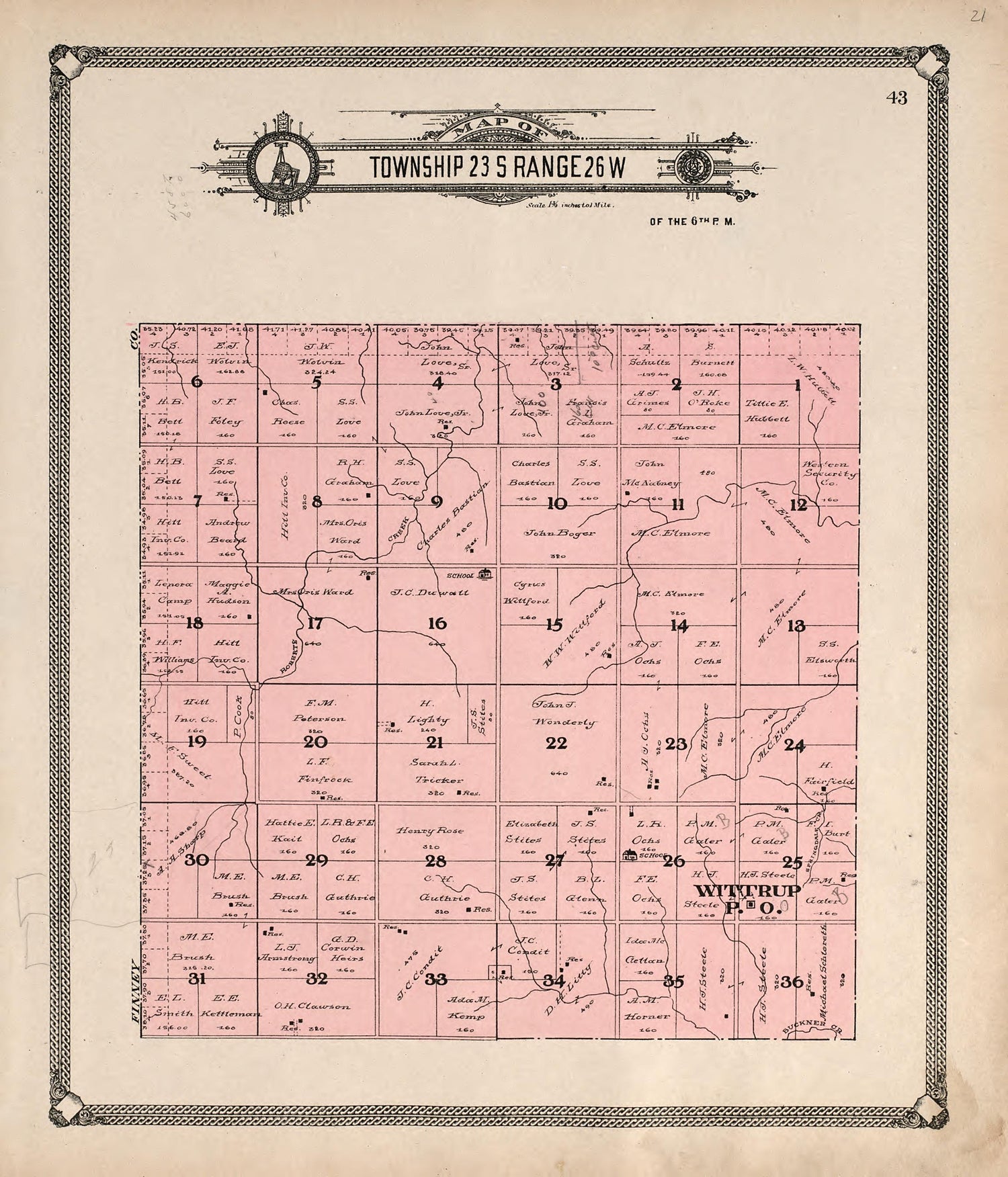 Map of Township 23 S Range 26 W from Standard Atlas of Hodgeman County, Kansas : Including a Plat Book of the Villages, Cities and Townships of the County, Map of the State, United States and World, Patrons Directory, Reference Business … 1907 by Relic Map Company