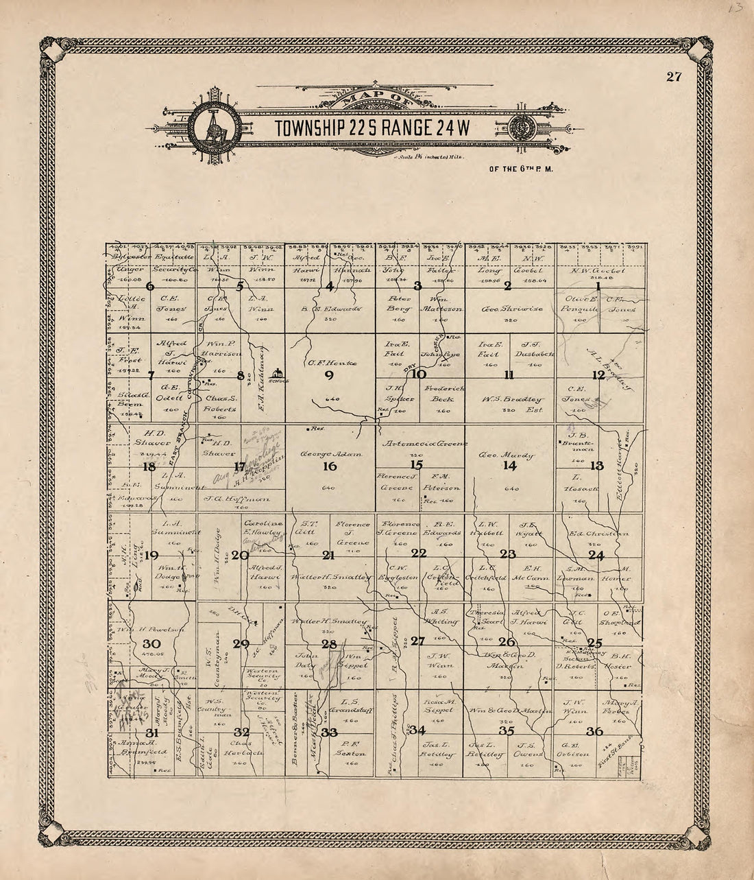 Map of Township 22 S Range 24 W from Standard Atlas of Hodgeman County, Kansas : Including a Plat Book of the Villages, Cities and Townships of the County, Map of the State, United States and World, Patrons Directory, Reference Business … 1907 by Relic Map Company