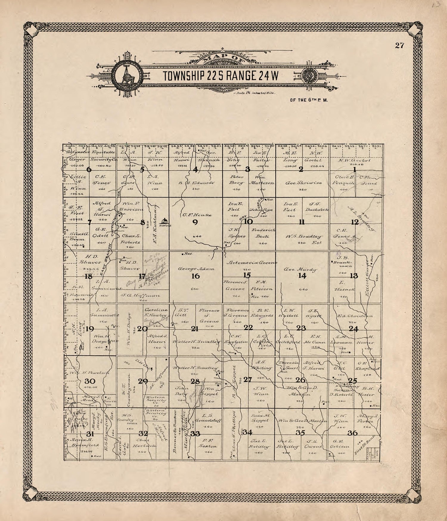 Map of Township 22 S Range 24 W from Standard Atlas of Hodgeman County, Kansas : Including a Plat Book of the Villages, Cities and Townships of the County, Map of the State, United States and World, Patrons Directory, Reference Business … 1907 by Relic Map Company