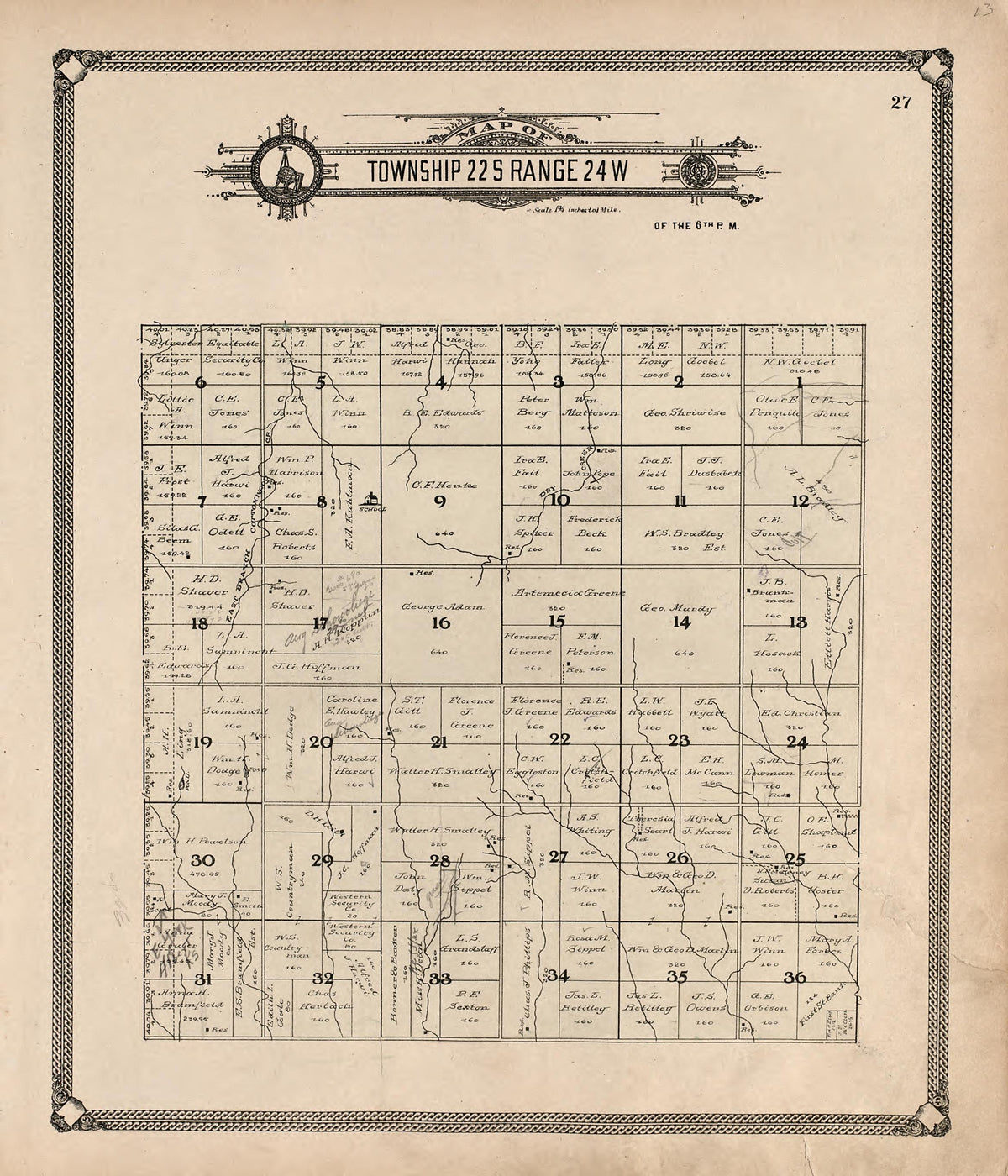 Map of Township 22 S Range 24 W from Standard Atlas of Hodgeman County, Kansas : Including a Plat Book of the Villages, Cities and Townships of the County, Map of the State, United States and World, Patrons Directory, Reference Business … 1907 by Relic Map Company