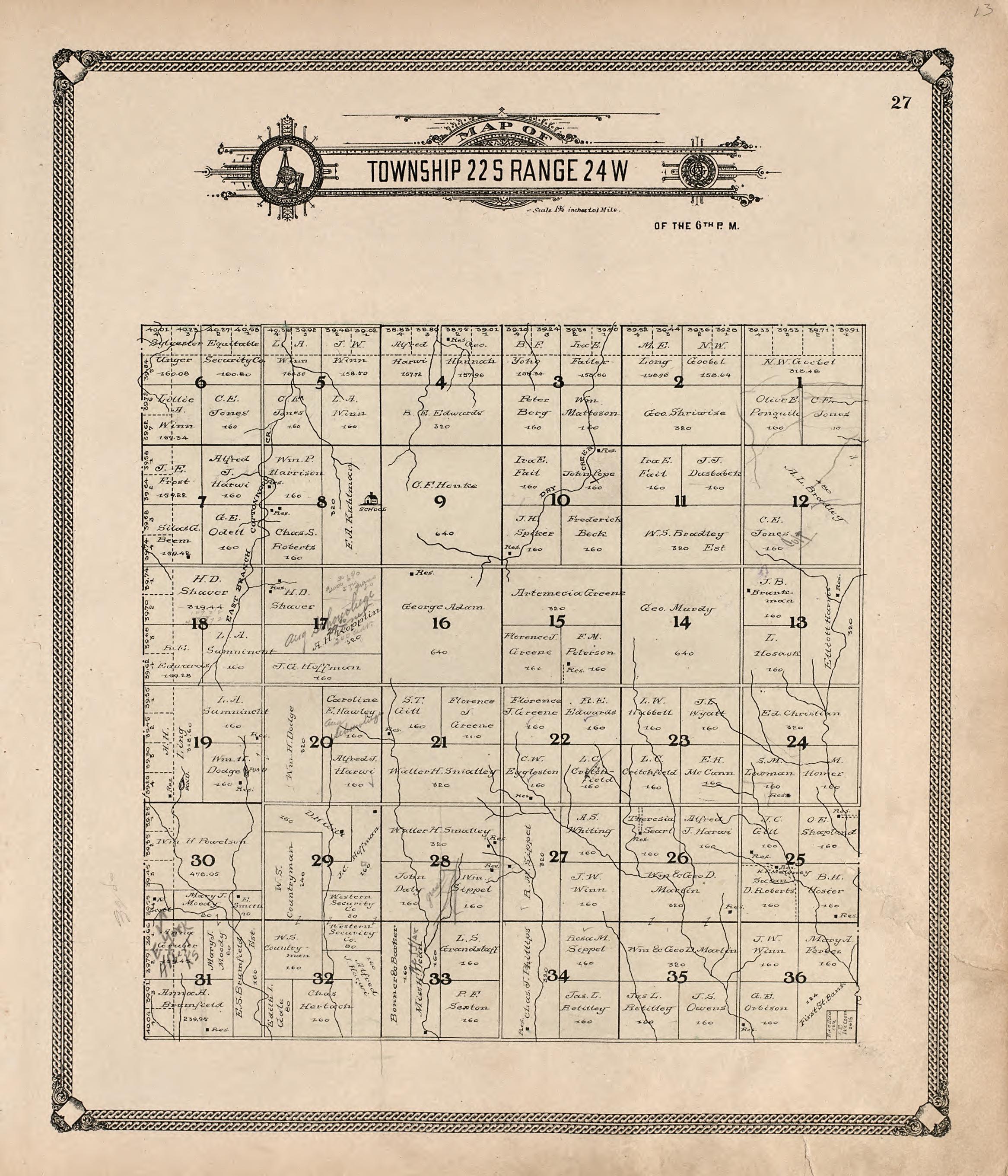 Map of Township 22 S Range 24 W from Standard Atlas of Hodgeman County, Kansas : Including a Plat Book of the Villages, Cities and Townships of the County, Map of the State, United States and World, Patrons Directory, Reference Business … 1907 by Relic Map Company