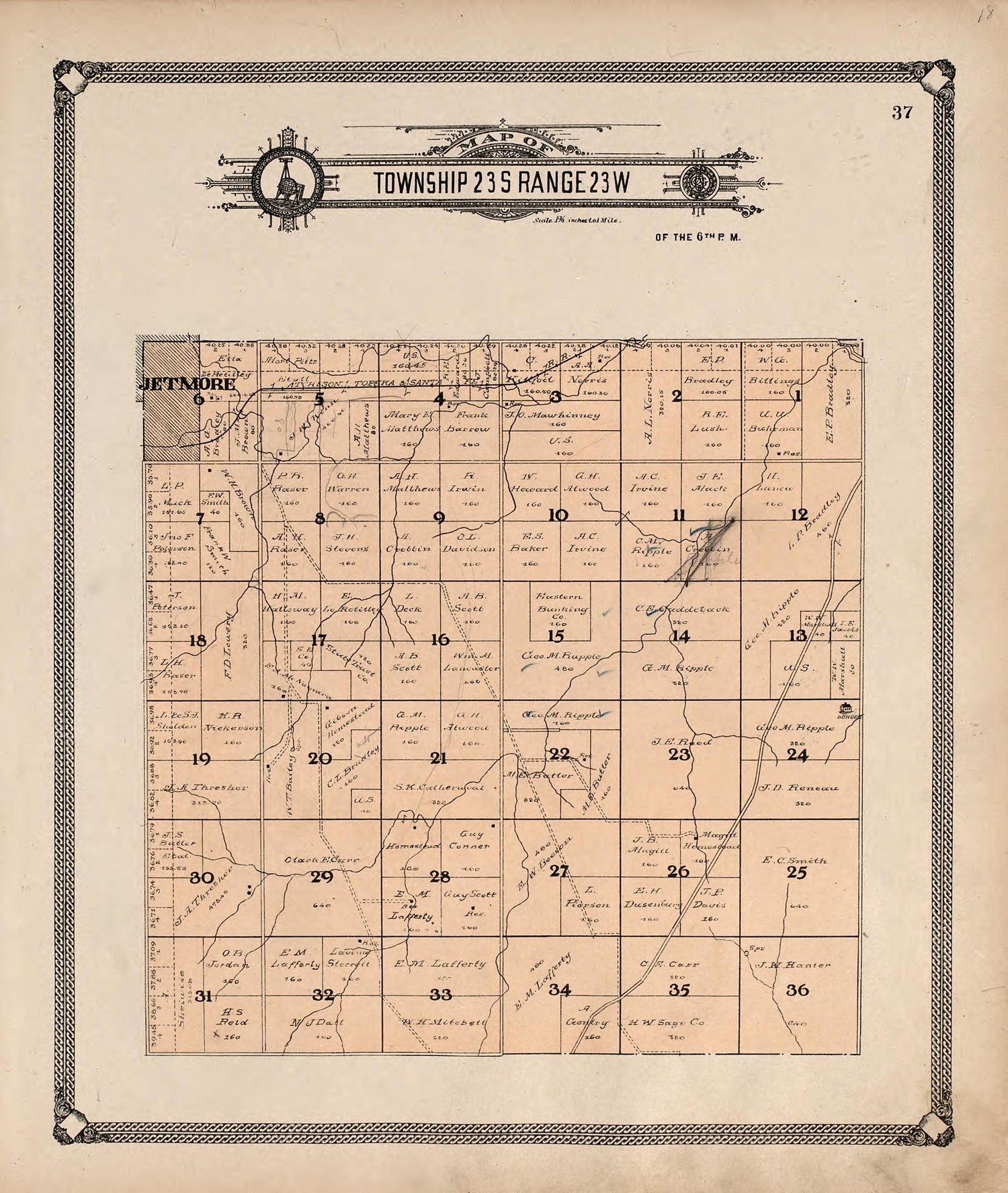 Map of Township 23 S Range 23 W from Standard Atlas of Hodgeman County, Kansas : Including a Plat Book of the Villages, Cities and Townships of the County, Map of the State, United States and World, Patrons Directory, Reference Business … 1907 by Relic Map Company
