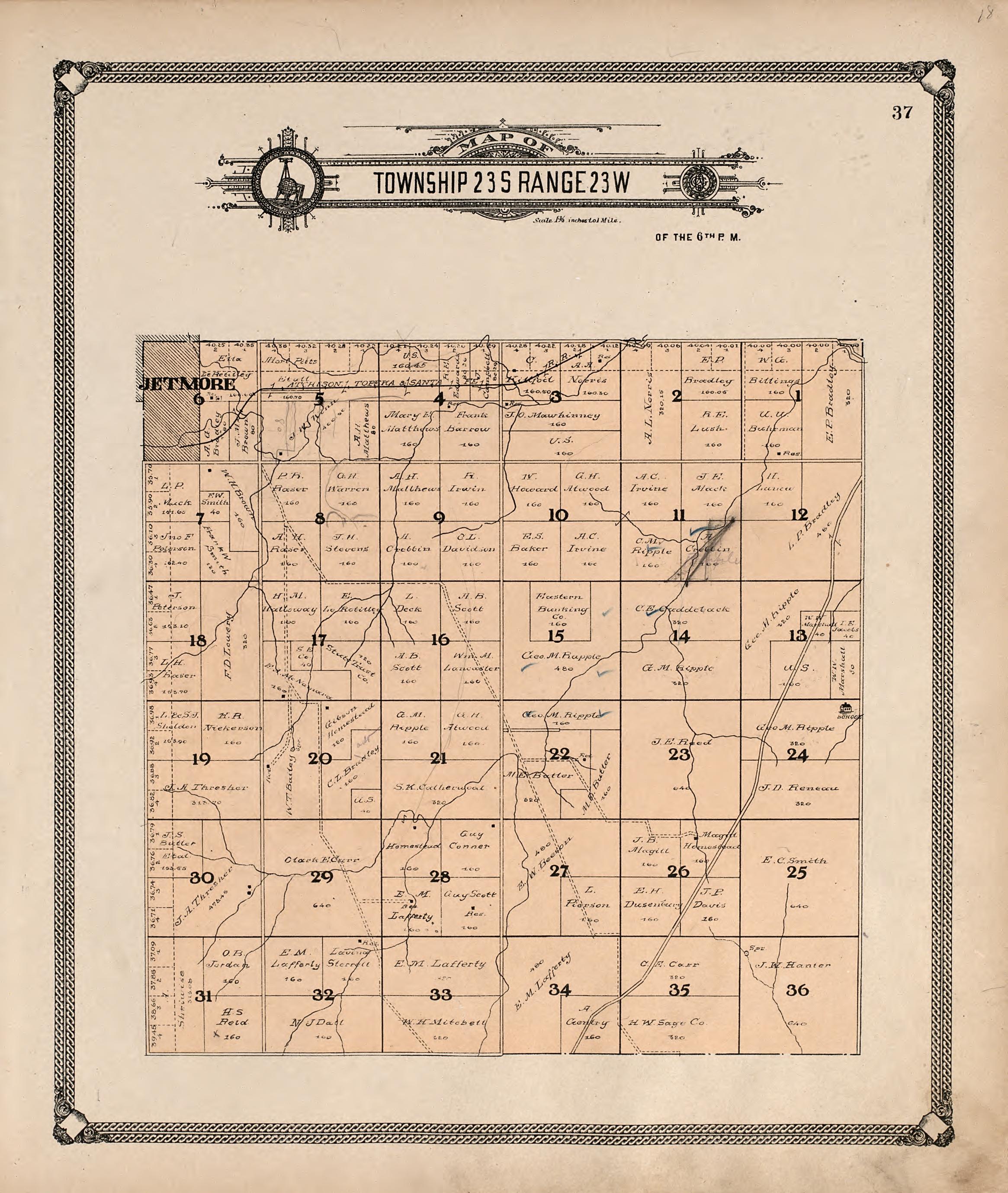Map of Township 23 S Range 23 W from Standard Atlas of Hodgeman County, Kansas : Including a Plat Book of the Villages, Cities and Townships of the County, Map of the State, United States and World, Patrons Directory, Reference Business … 1907 by Relic Map Company