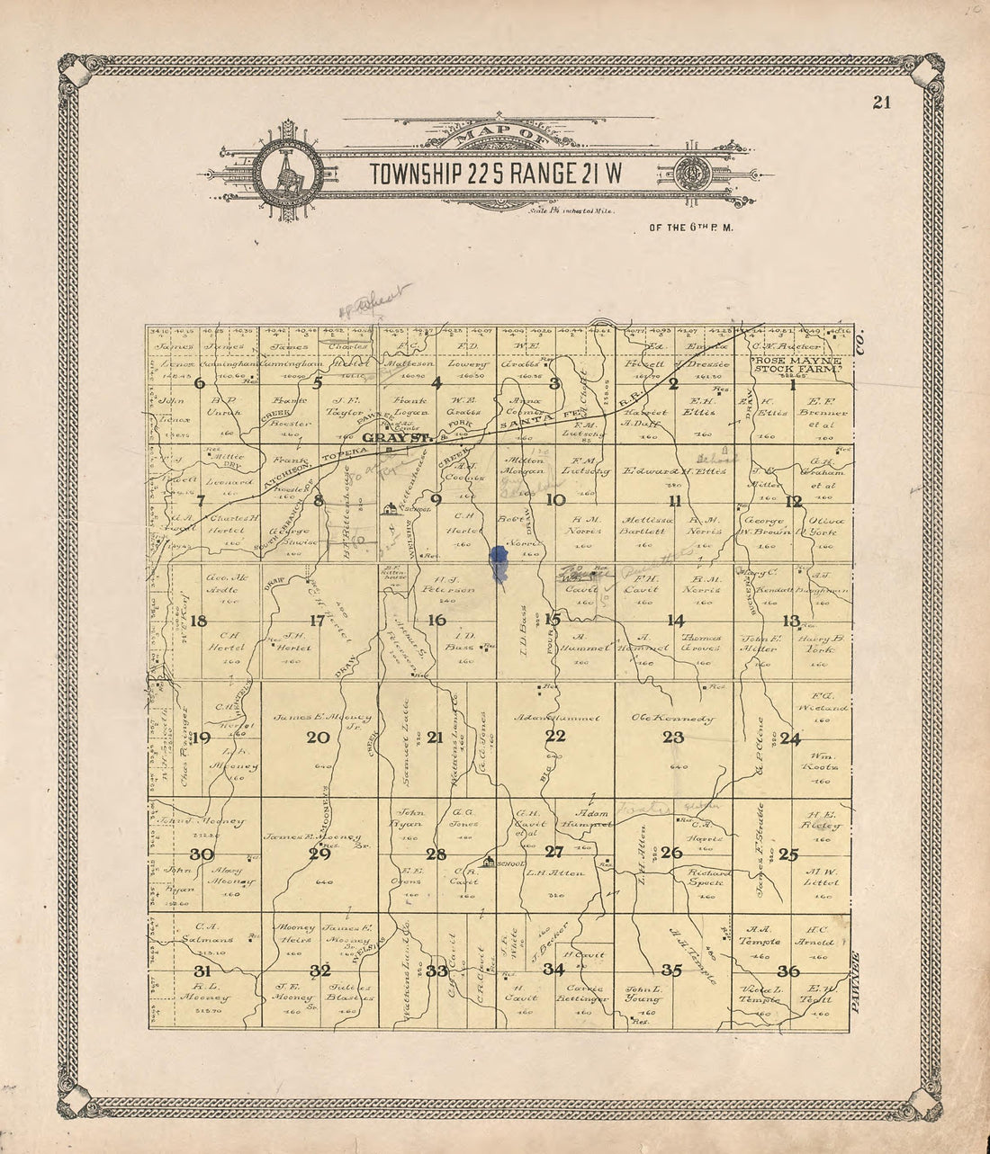 Map of Township 22 S Range 21 W from Standard Atlas of Hodgeman County, Kansas : Including a Plat Book of the Villages, Cities and Townships of the County, Map of the State, United States and World, Patrons Directory, Reference Business … 1907 by Relic Map Company