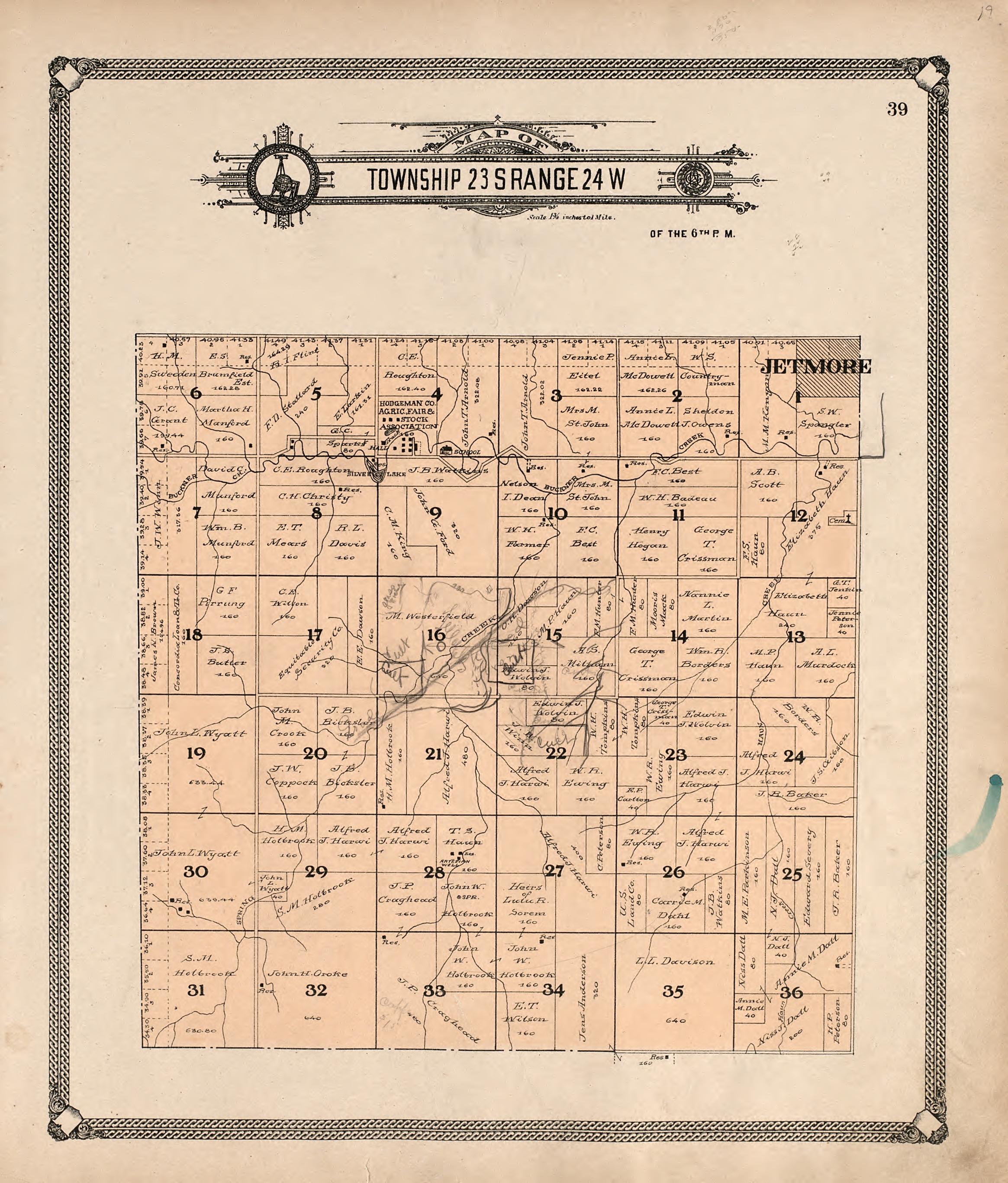 Map of Township 23 S Range 24 W from Standard Atlas of Hodgeman County, Kansas : Including a Plat Book of the Villages, Cities and Townships of the County, Map of the State, United States and World, Patrons Directory, Reference Business … 1907 by Relic Map Company