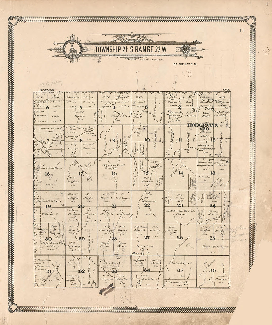 Map of Township 21 S Range 22 W from Standard Atlas of Hodgeman County, Kansas : Including a Plat Book of the Villages, Cities and Townships of the County, Map of the State, United States and World, Patrons Directory, Reference Business … 1907 by Relic Map Company