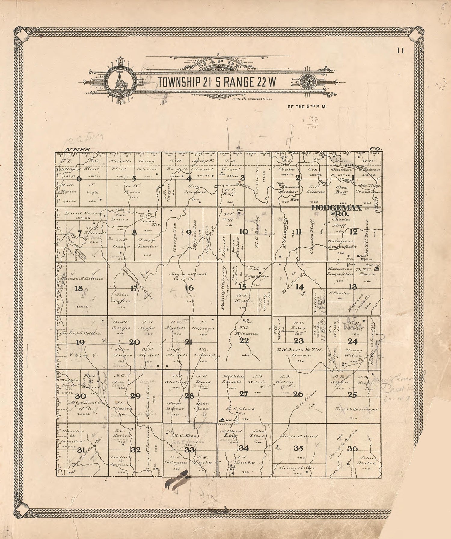 Map of Township 21 S Range 22 W from Standard Atlas of Hodgeman County, Kansas : Including a Plat Book of the Villages, Cities and Townships of the County, Map of the State, United States and World, Patrons Directory, Reference Business … 1907 by Relic Map Company
