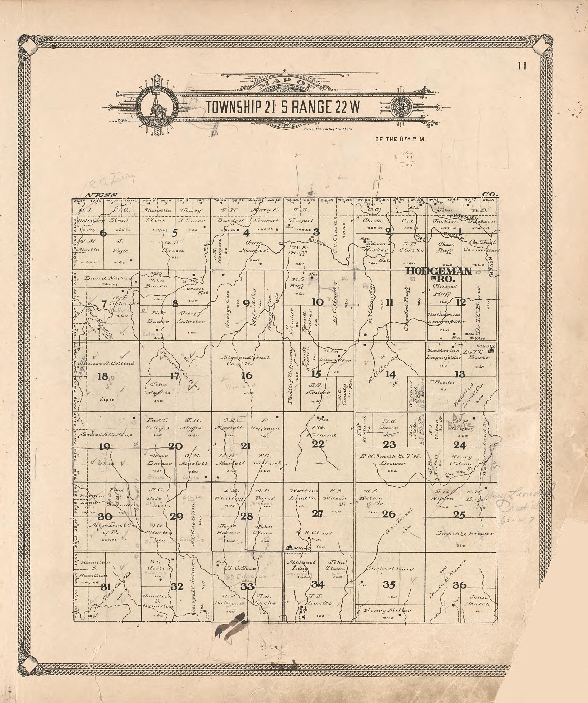 Map of Township 21 S Range 22 W from Standard Atlas of Hodgeman County, Kansas : Including a Plat Book of the Villages, Cities and Townships of the County, Map of the State, United States and World, Patrons Directory, Reference Business … 1907 by Relic Map Company