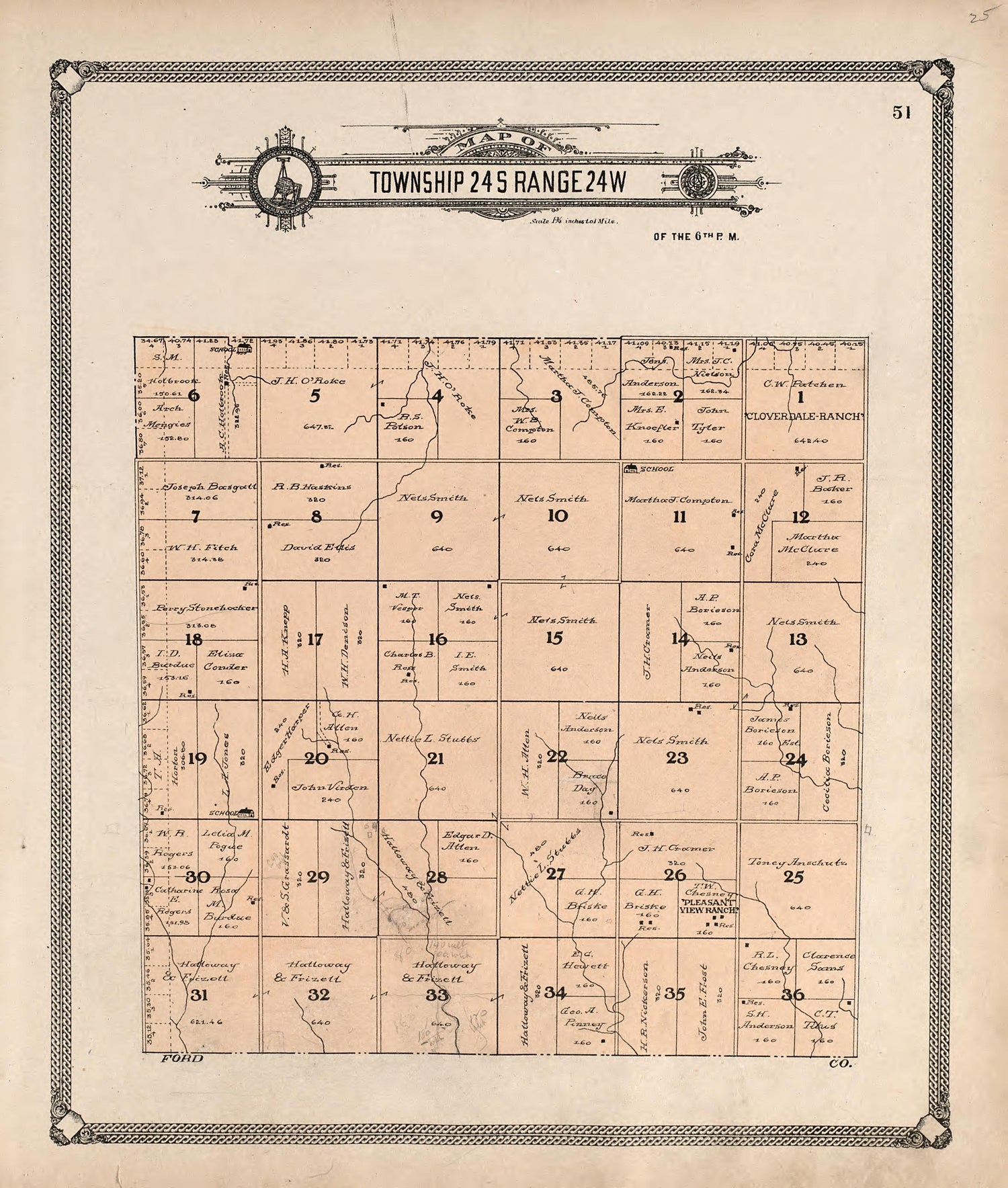 Map of Township 24 S Range 24 W from Standard Atlas of Hodgeman County, Kansas : Including a Plat Book of the Villages, Cities and Townships of the County, Map of the State, United States and World, Patrons Directory, Reference Business … 1907 by Relic Map Company