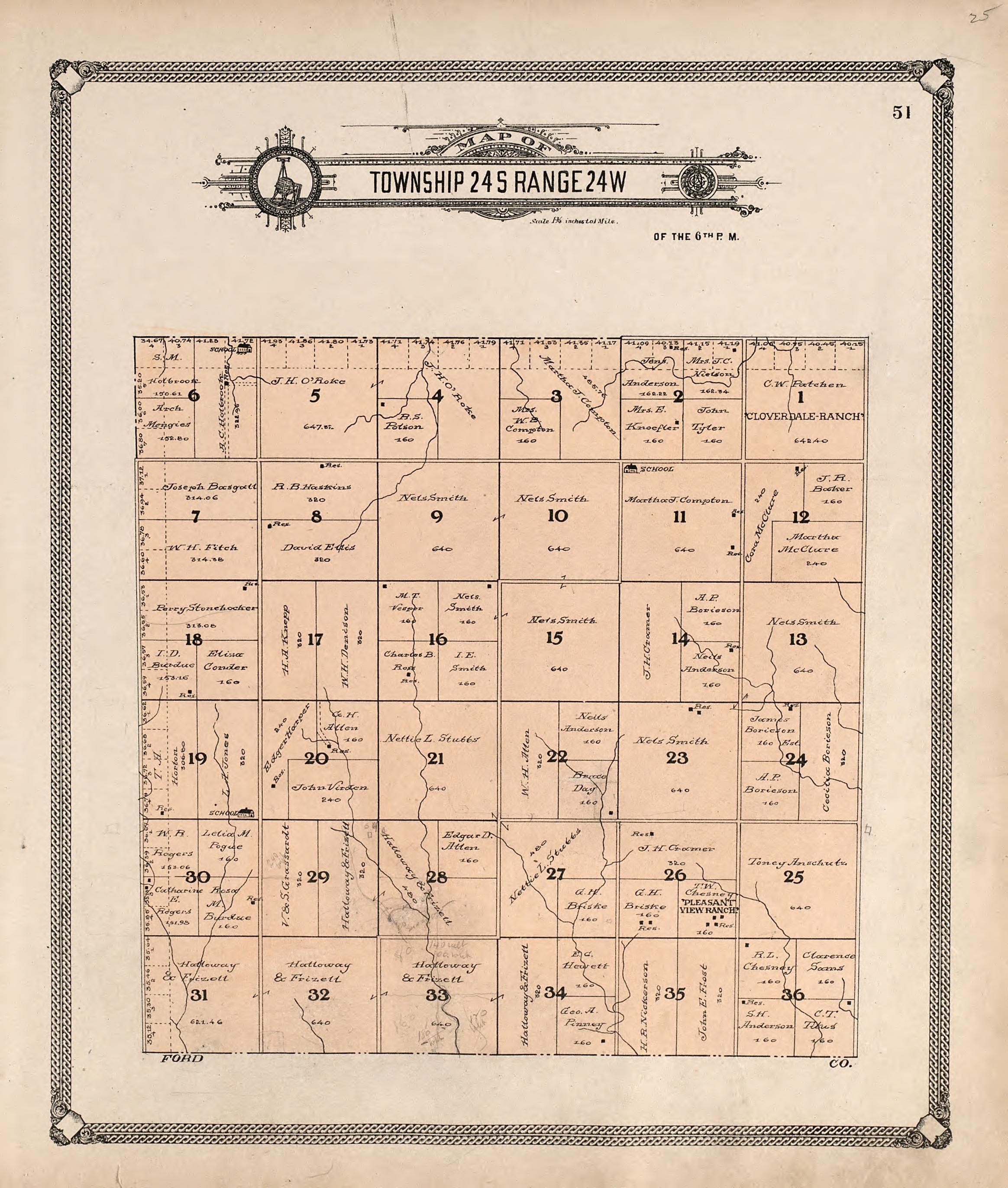 Map of Township 24 S Range 24 W from Standard Atlas of Hodgeman County, Kansas : Including a Plat Book of the Villages, Cities and Townships of the County, Map of the State, United States and World, Patrons Directory, Reference Business … 1907 by Relic Map Company
