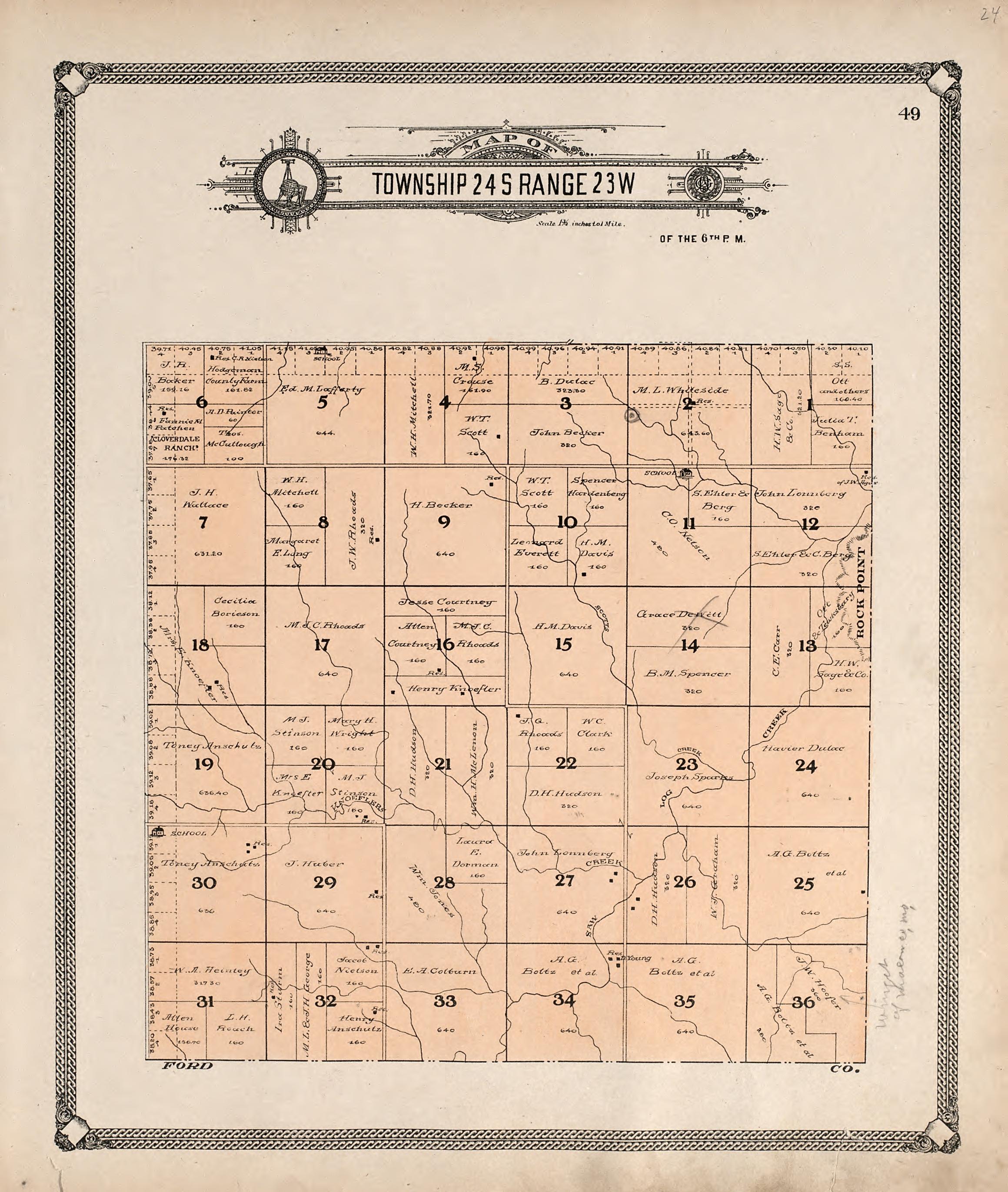 Map of Township 24 S Range 23 W from Standard Atlas of Hodgeman County, Kansas : Including a Plat Book of the Villages, Cities and Townships of the County, Map of the State, United States and World, Patrons Directory, Reference Business … 1907 by Relic Map Company
