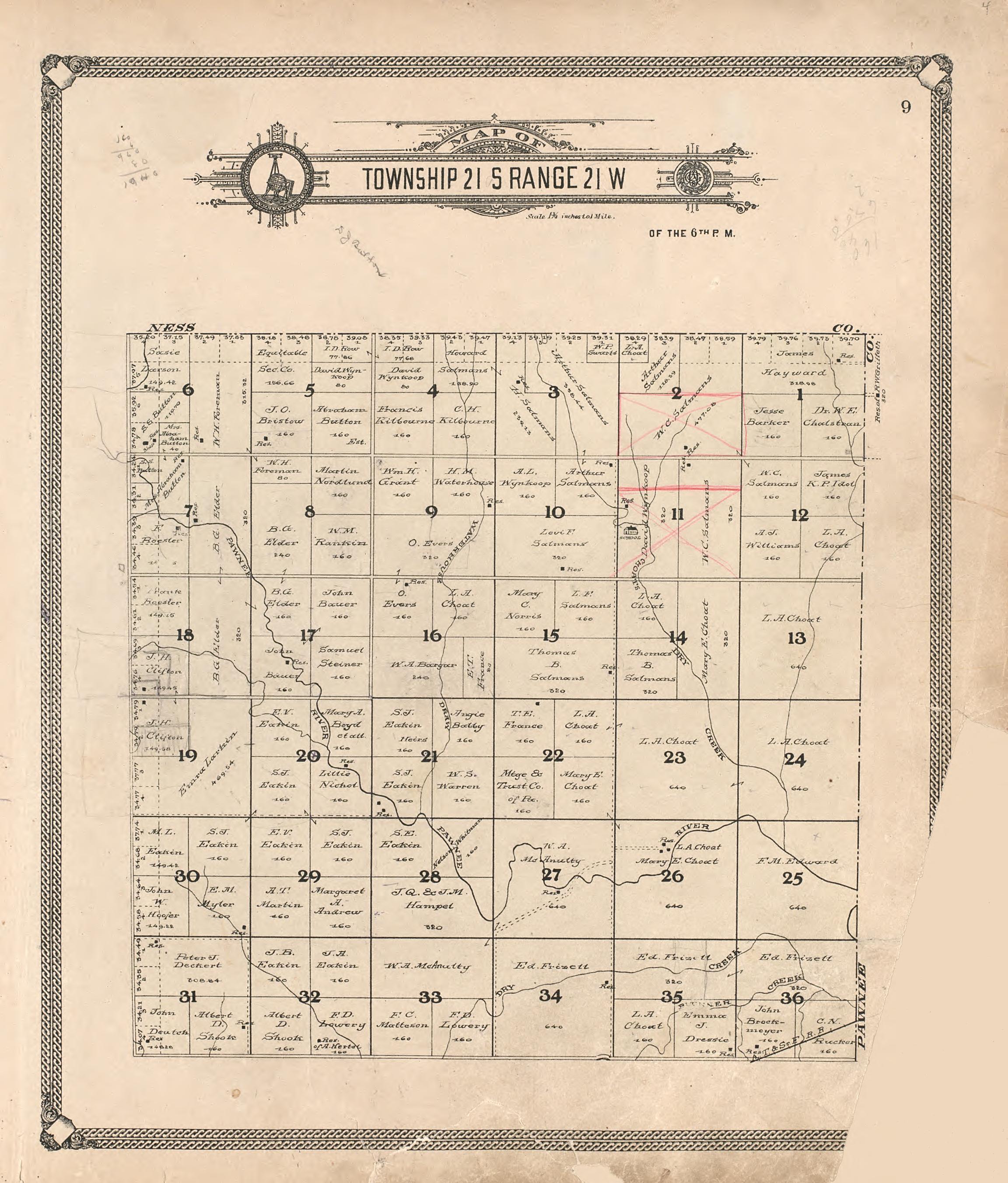 Map of Township 21 S Range 21 W from Standard Atlas of Hodgeman County, Kansas : Including a Plat Book of the Villages, Cities and Townships of the County, Map of the State, United States and World, Patrons Directory, Reference Business … 1907 by Relic Map Company