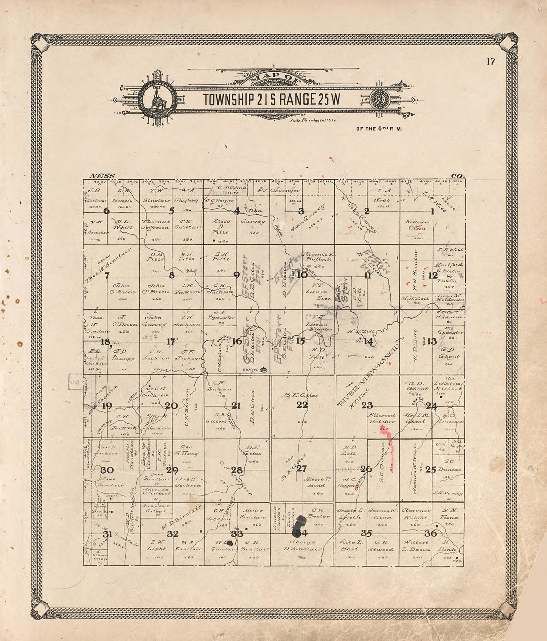 Map of Township 21 S Range 25 W from Standard Atlas of Hodgeman County, Kansas : Including a Plat Book of the Villages, Cities and Townships of the County, Map of the State, United States and World, Patrons Directory, Reference Business … 1907 by Relic Map Company