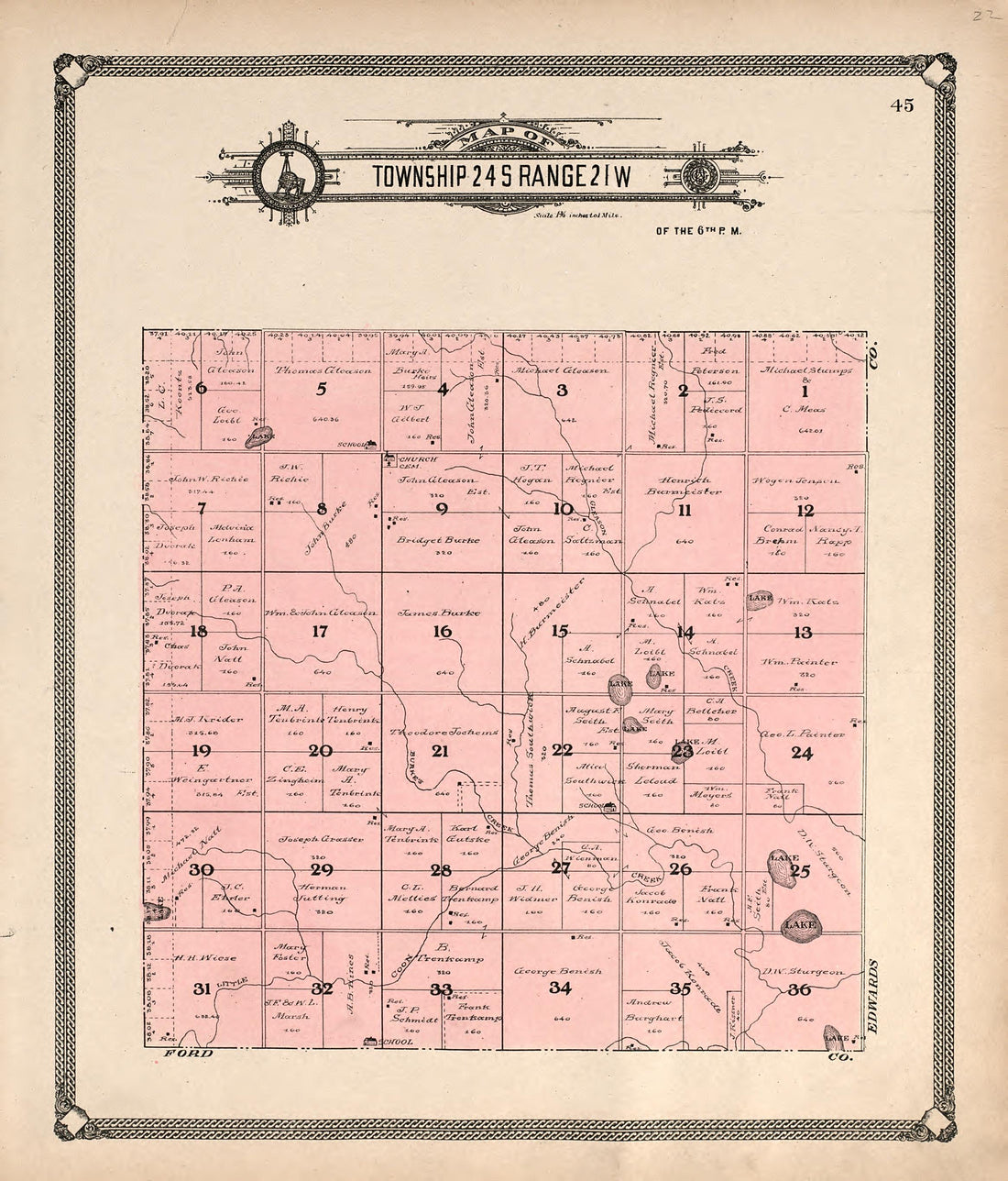 Map of Township 24 S Range 21 W from Standard Atlas of Hodgeman County, Kansas : Including a Plat Book of the Villages, Cities and Townships of the County, Map of the State, United States and World, Patrons Directory, Reference Business … 1907 by Relic Map Company