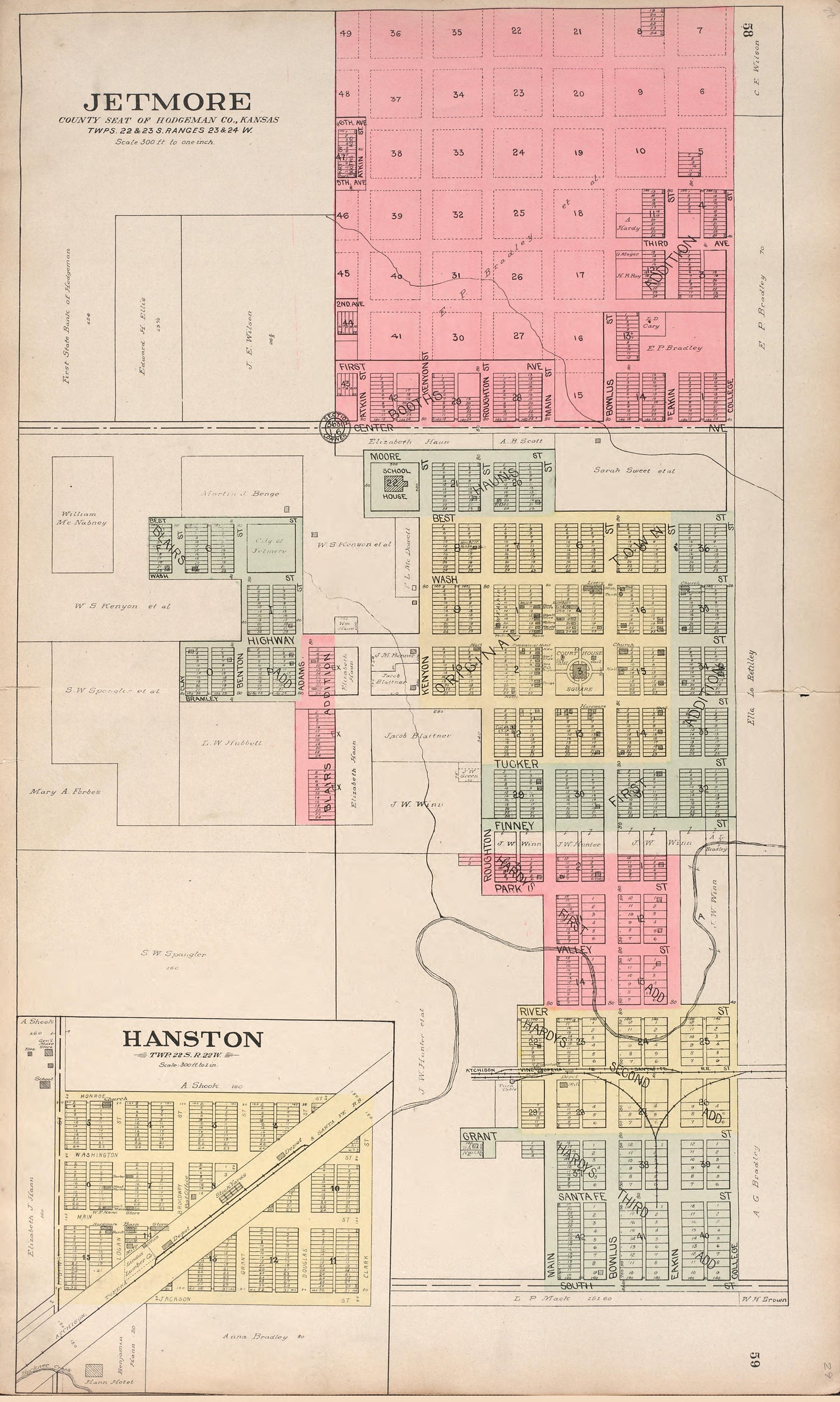 Jetmore; Hanston from Standard Atlas of Hodgeman County, Kansas : Including a Plat Book of the Villages, Cities and Townships of the County, Map of the State, United States and World, Patrons Directory, Reference Business … 1907 by Relic Map Company