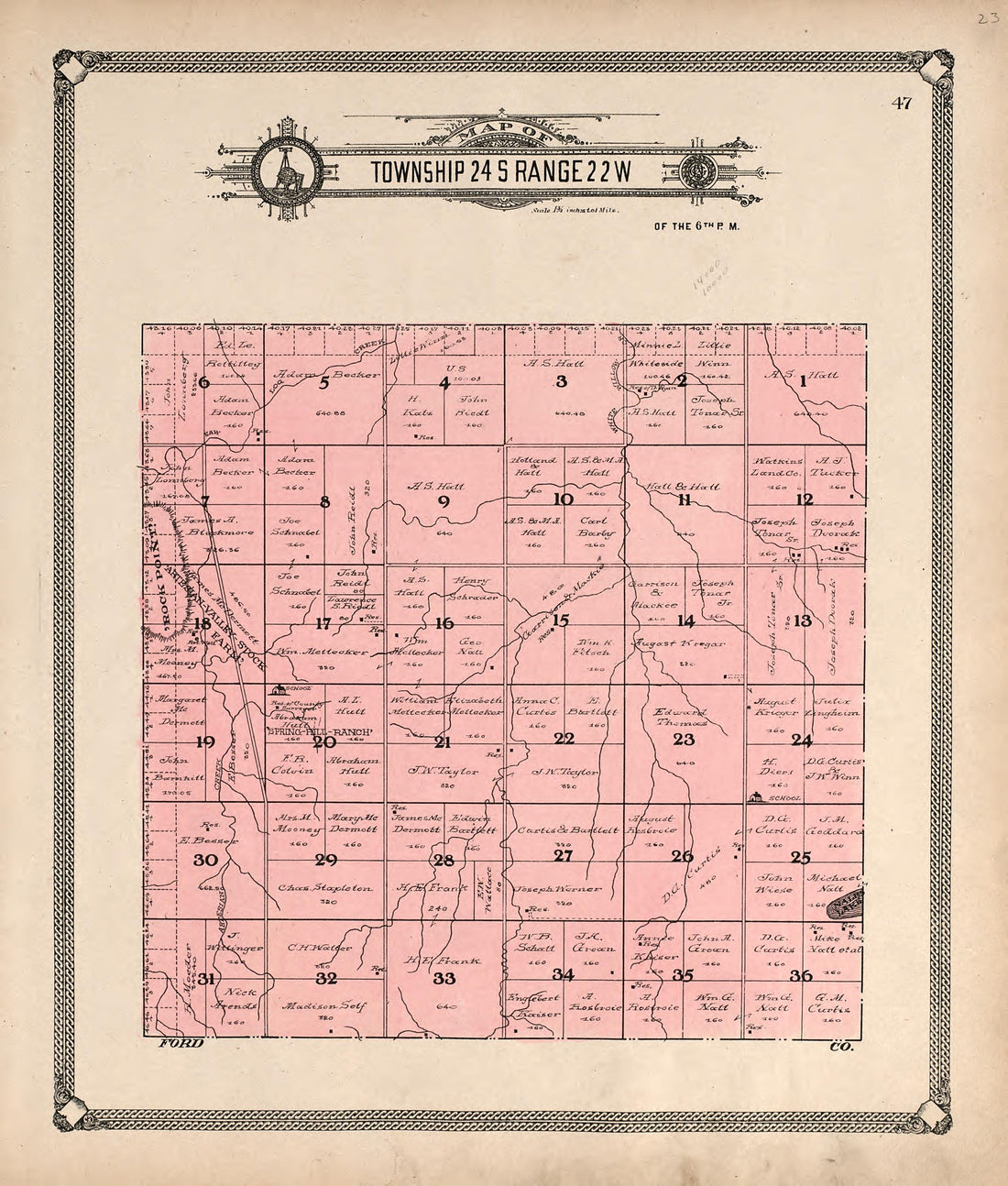 Map of Township 24 S Range 22 W from Standard Atlas of Hodgeman County, Kansas : Including a Plat Book of the Villages, Cities and Townships of the County, Map of the State, United States and World, Patrons Directory, Reference Business … 1907 by Relic Map Company