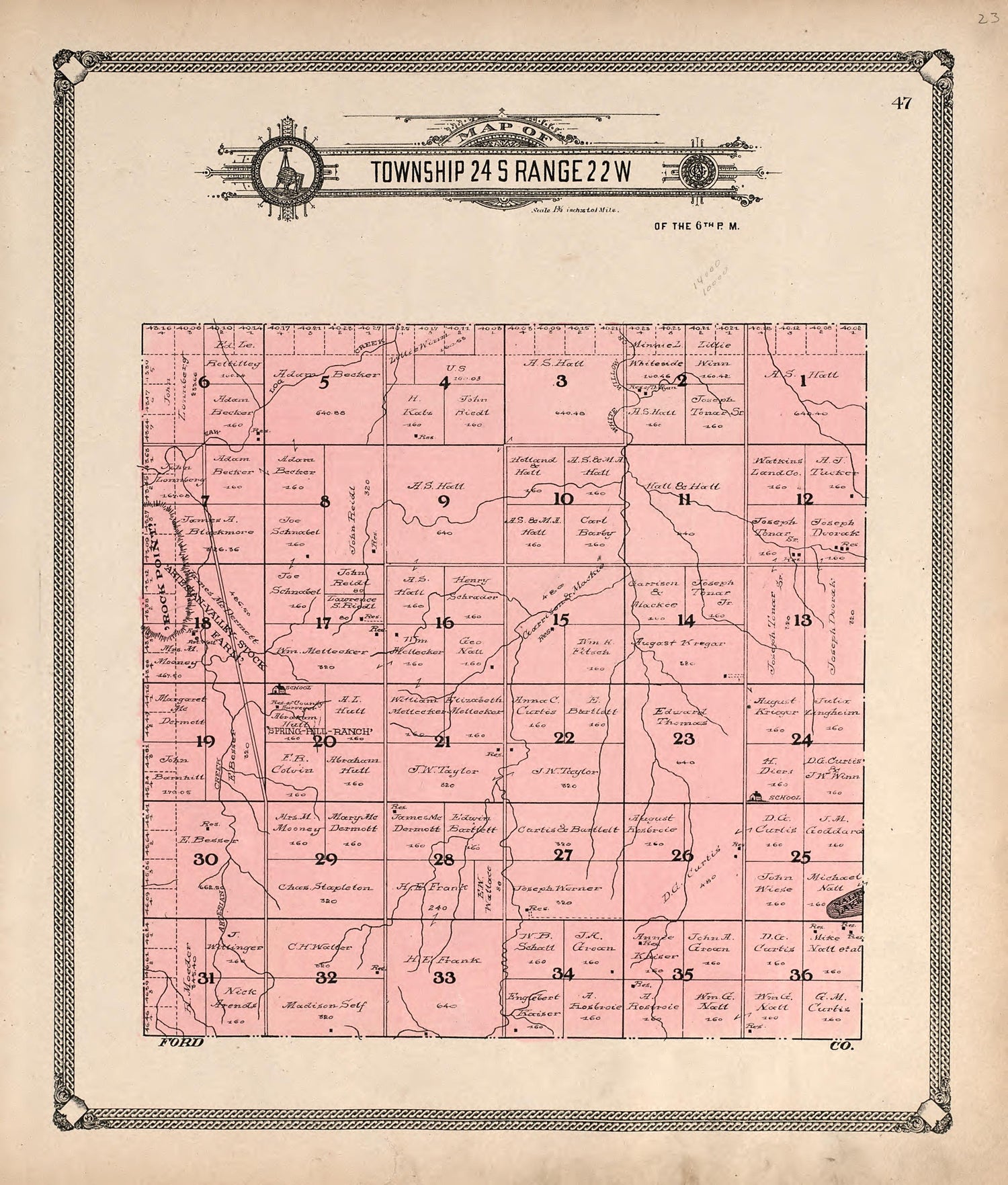 Map of Township 24 S Range 22 W from Standard Atlas of Hodgeman County, Kansas : Including a Plat Book of the Villages, Cities and Townships of the County, Map of the State, United States and World, Patrons Directory, Reference Business … 1907 by Relic Map Company