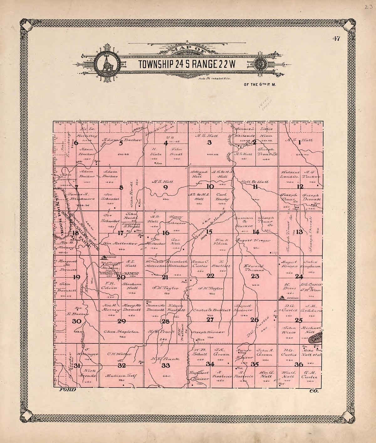 Map of Township 24 S Range 22 W from Standard Atlas of Hodgeman County, Kansas : Including a Plat Book of the Villages, Cities and Townships of the County, Map of the State, United States and World, Patrons Directory, Reference Business … 1907 by Relic Map Company