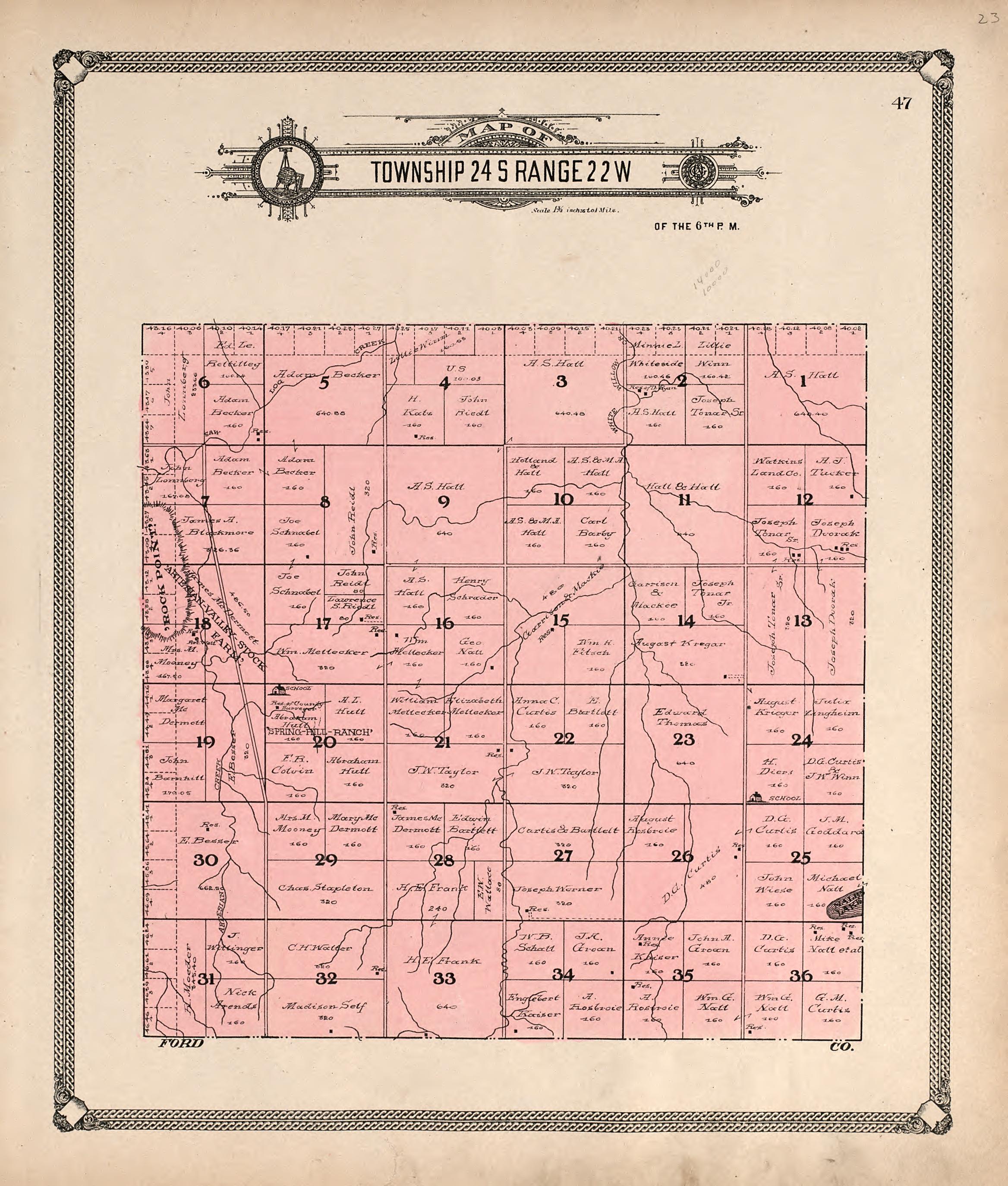 Map of Township 24 S Range 22 W from Standard Atlas of Hodgeman County, Kansas : Including a Plat Book of the Villages, Cities and Townships of the County, Map of the State, United States and World, Patrons Directory, Reference Business … 1907 by Relic Map Company