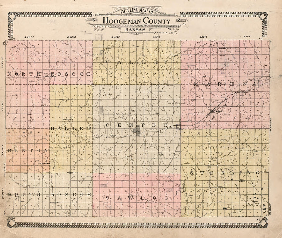 Outline Map of Hodgeman County, Kansas from Standard Atlas of Hodgeman County, Kansas : Including a Plat Book of the Villages, Cities and Townships of the County, Map of the State, United States and World, Patrons Directory, Reference Business … 1907 by Relic Map Company