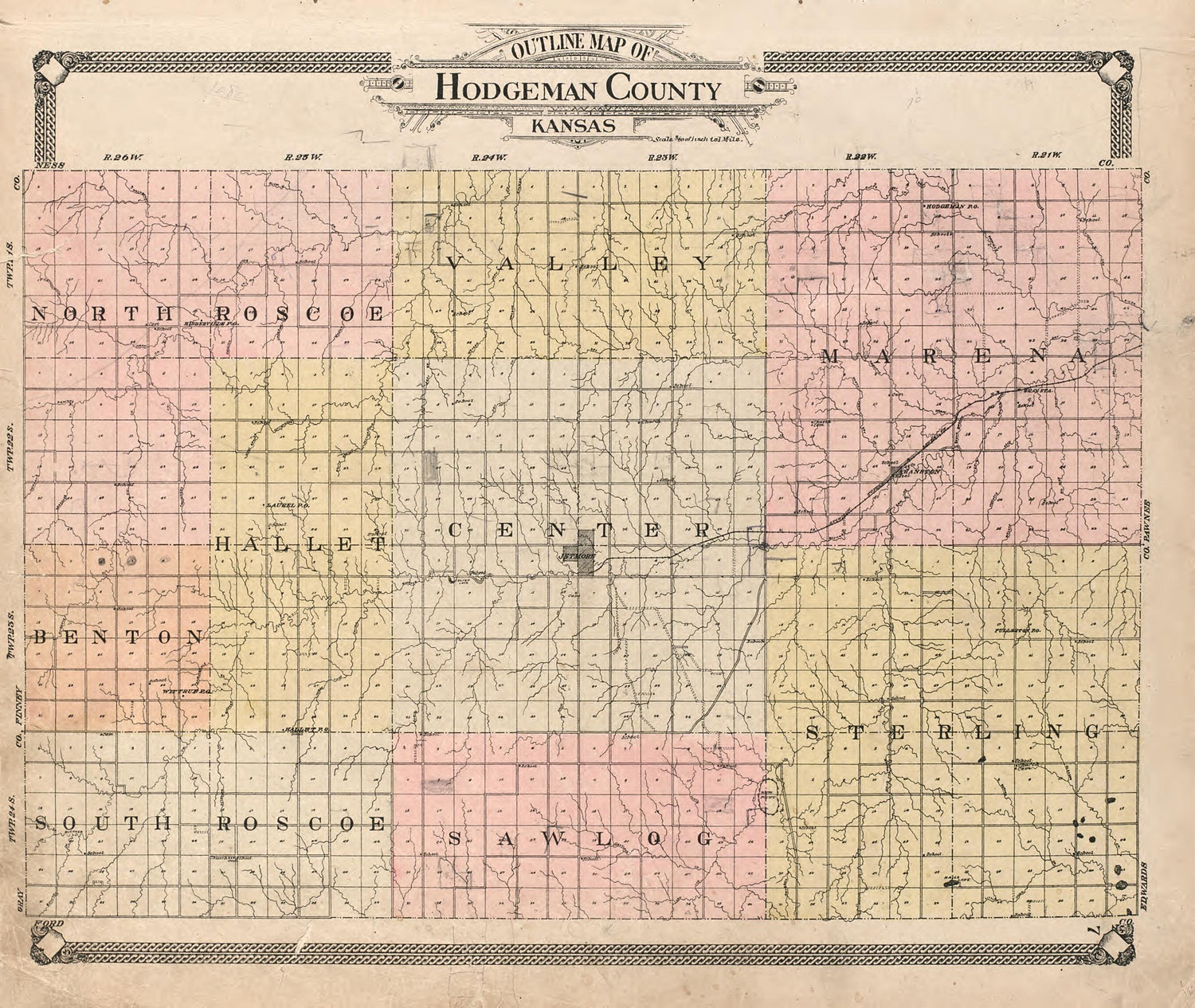 Outline Map of Hodgeman County, Kansas from Standard Atlas of Hodgeman County, Kansas : Including a Plat Book of the Villages, Cities and Townships of the County, Map of the State, United States and World, Patrons Directory, Reference Business … 1907 by Relic Map Company