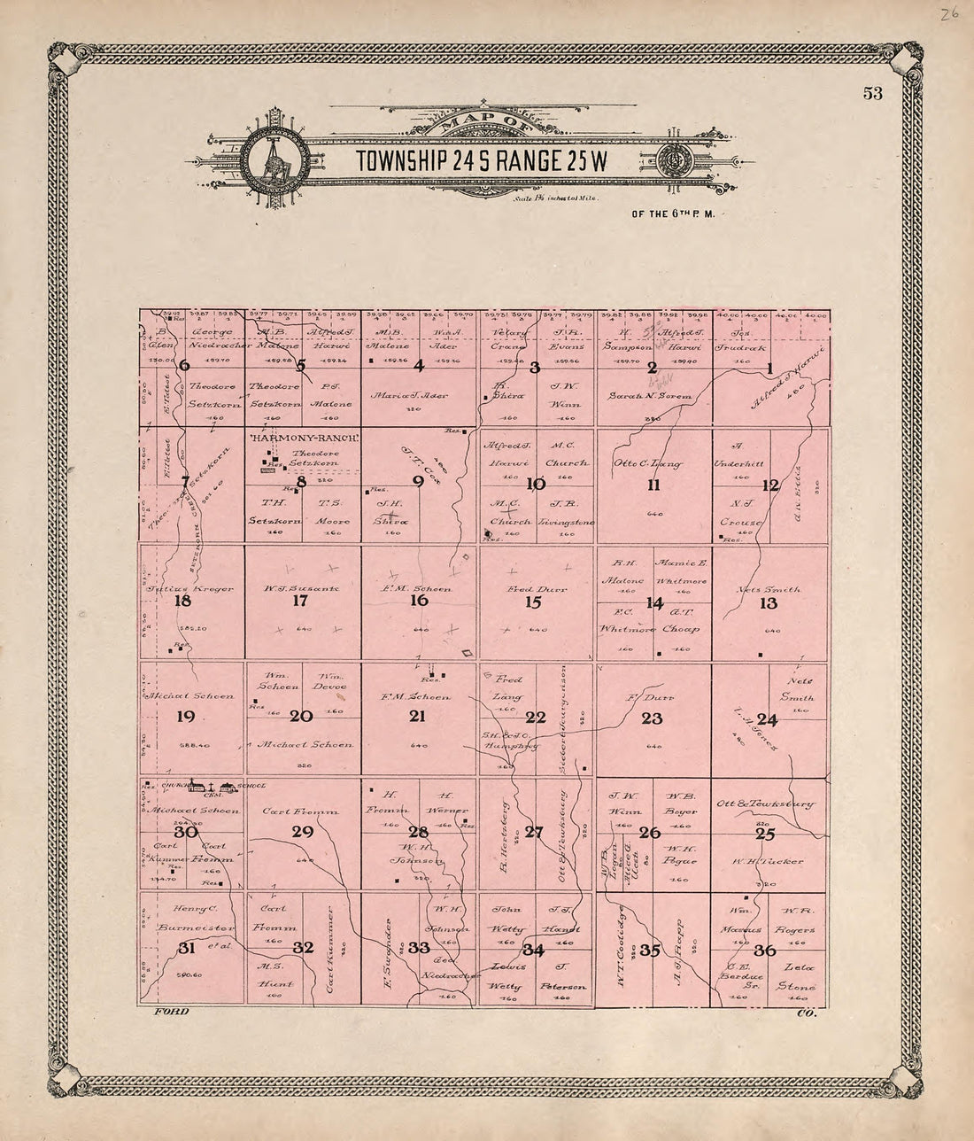 Map of Township 24 S Range 25 W from Standard Atlas of Hodgeman County, Kansas : Including a Plat Book of the Villages, Cities and Townships of the County, Map of the State, United States and World, Patrons Directory, Reference Business … 1907 by Relic Map Company