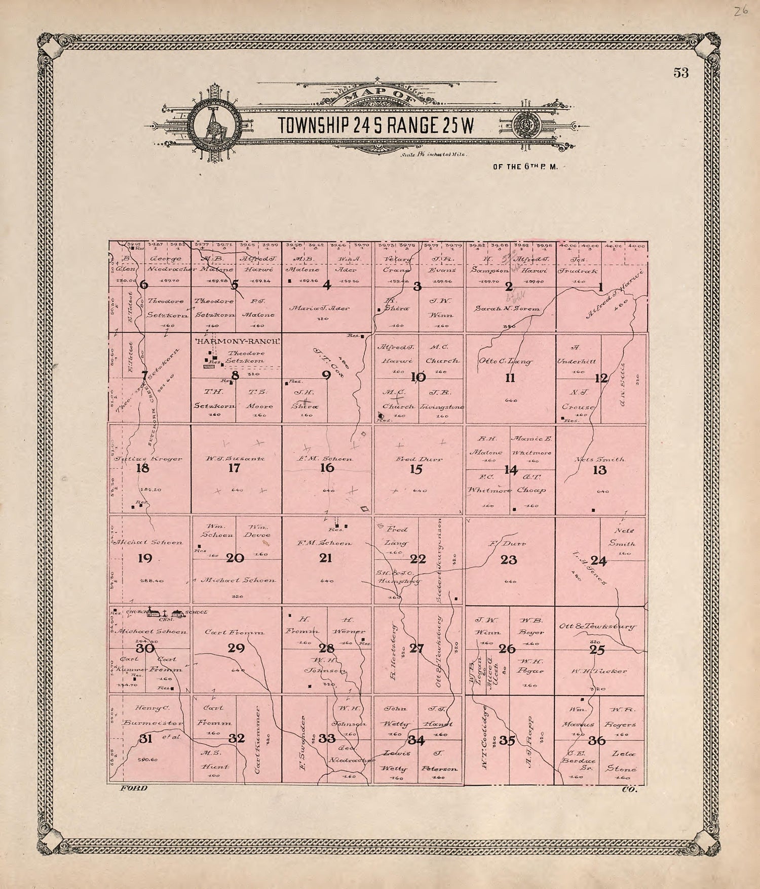 Map of Township 24 S Range 25 W from Standard Atlas of Hodgeman County, Kansas : Including a Plat Book of the Villages, Cities and Townships of the County, Map of the State, United States and World, Patrons Directory, Reference Business … 1907 by Relic Map Company