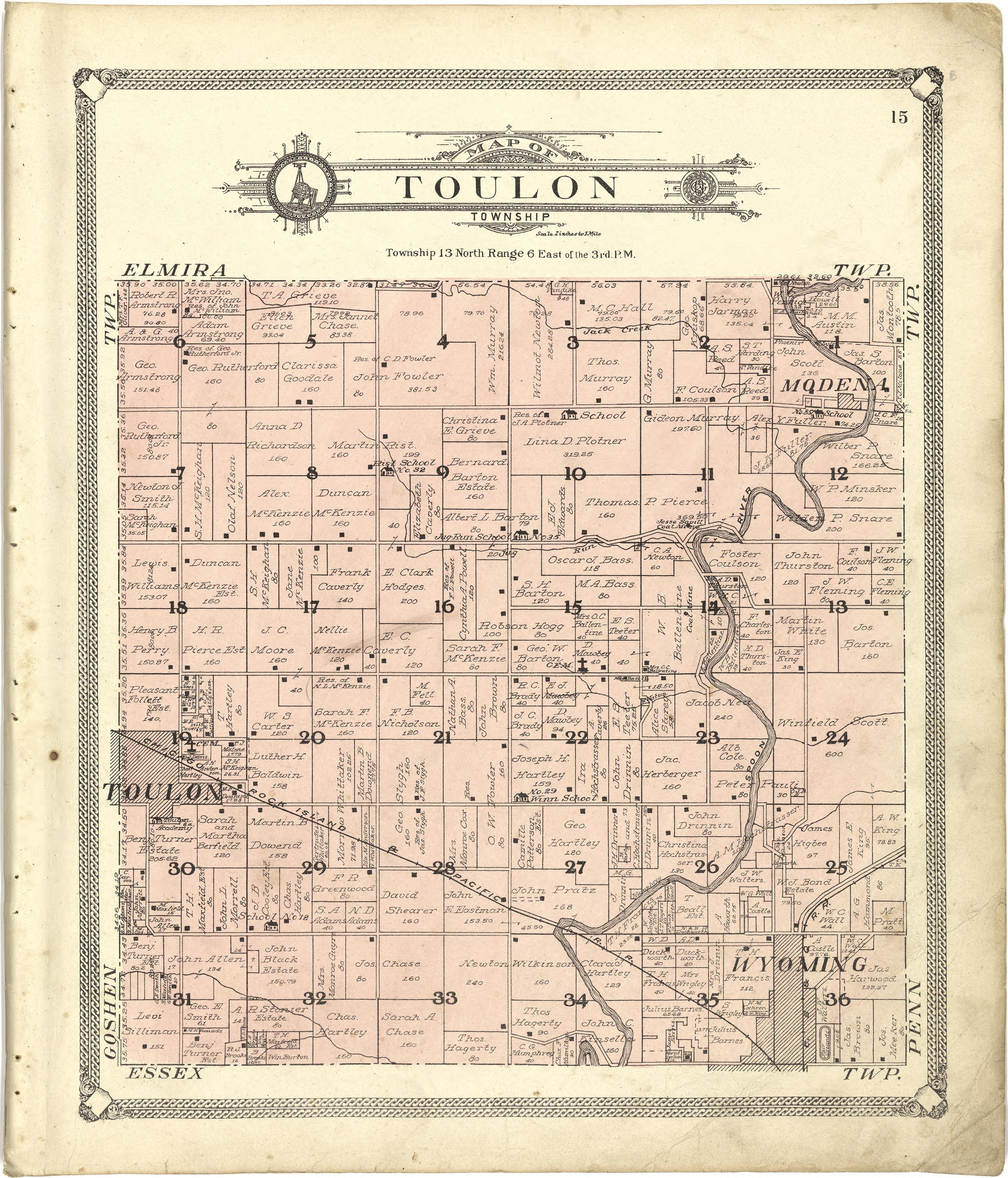 Map of Toulon Township from Standard Atlas of Stark County, Illinois : Including a Plat Book of the Villages, Cities and Townships of the County, Map of the State, United States and World : Patrons Directory, Reference … 1907 by Relic Map Company