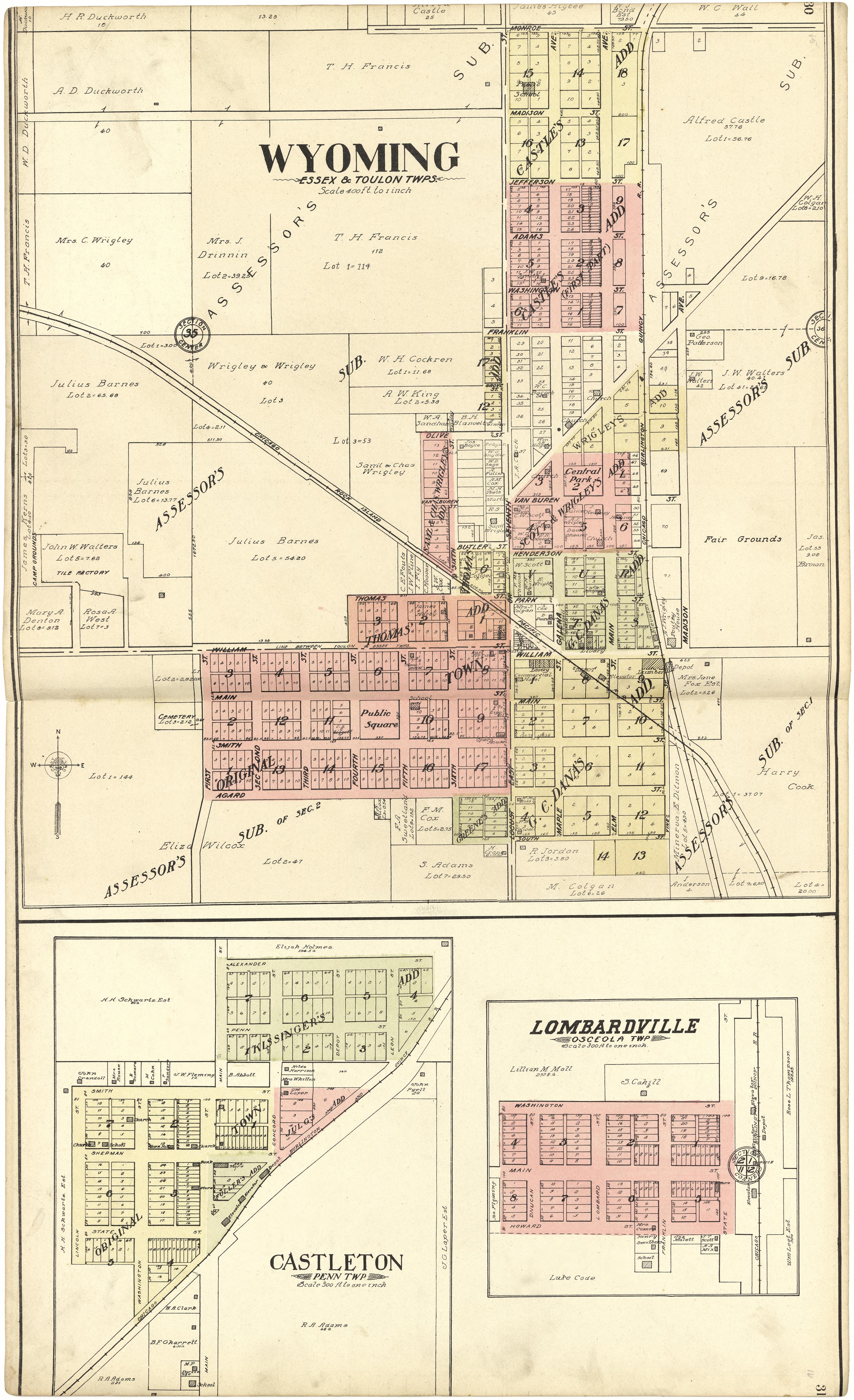 Wyoming; Castleton; Lombardville from Standard Atlas of Stark County, Illinois : Including a Plat Book of the Villages, Cities and Townships of the County, Map of the State, United States and World : Patrons Directory, Reference … 1907 by Relic Map Company