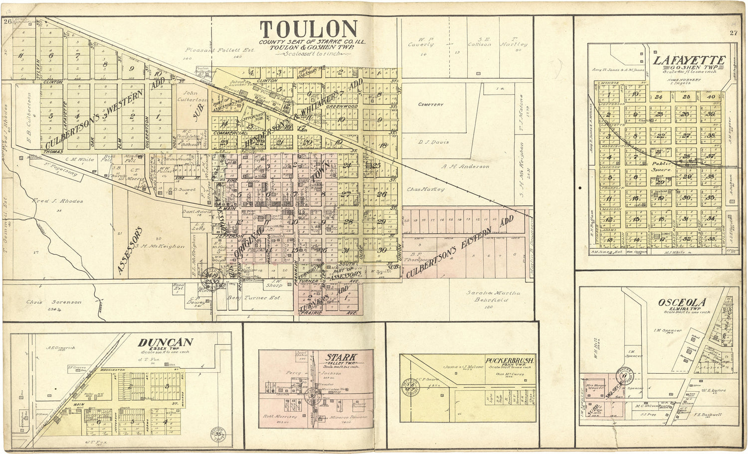 Toulon; Duncan; Stark; Puckerbrush; Lafayette; Osceola from Standard Atlas of Stark County, Illinois : Including a Plat Book of the Villages, Cities and Townships of the County, Map of the State, United States and World : Patrons Directory, Reference ... by Relic Map Company