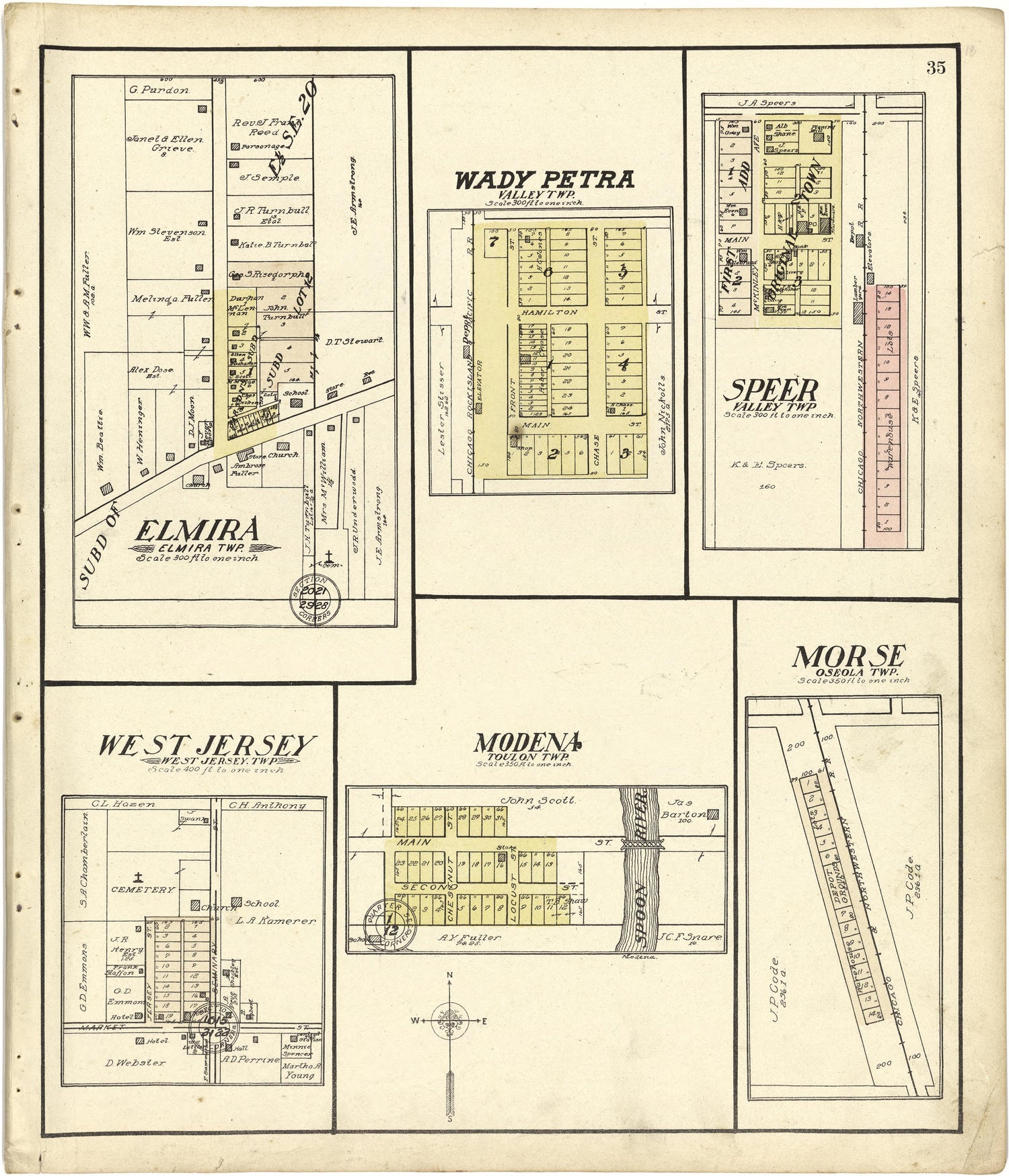 Elmira; Wady Petra; Speer; West Jersey; Modena; Morse from Standard Atlas of Stark County, Illinois : Including a Plat Book of the Villages, Cities and Townships of the County, Map of the State, United States and World : Patrons Directory, Reference �... by Relic Map Company