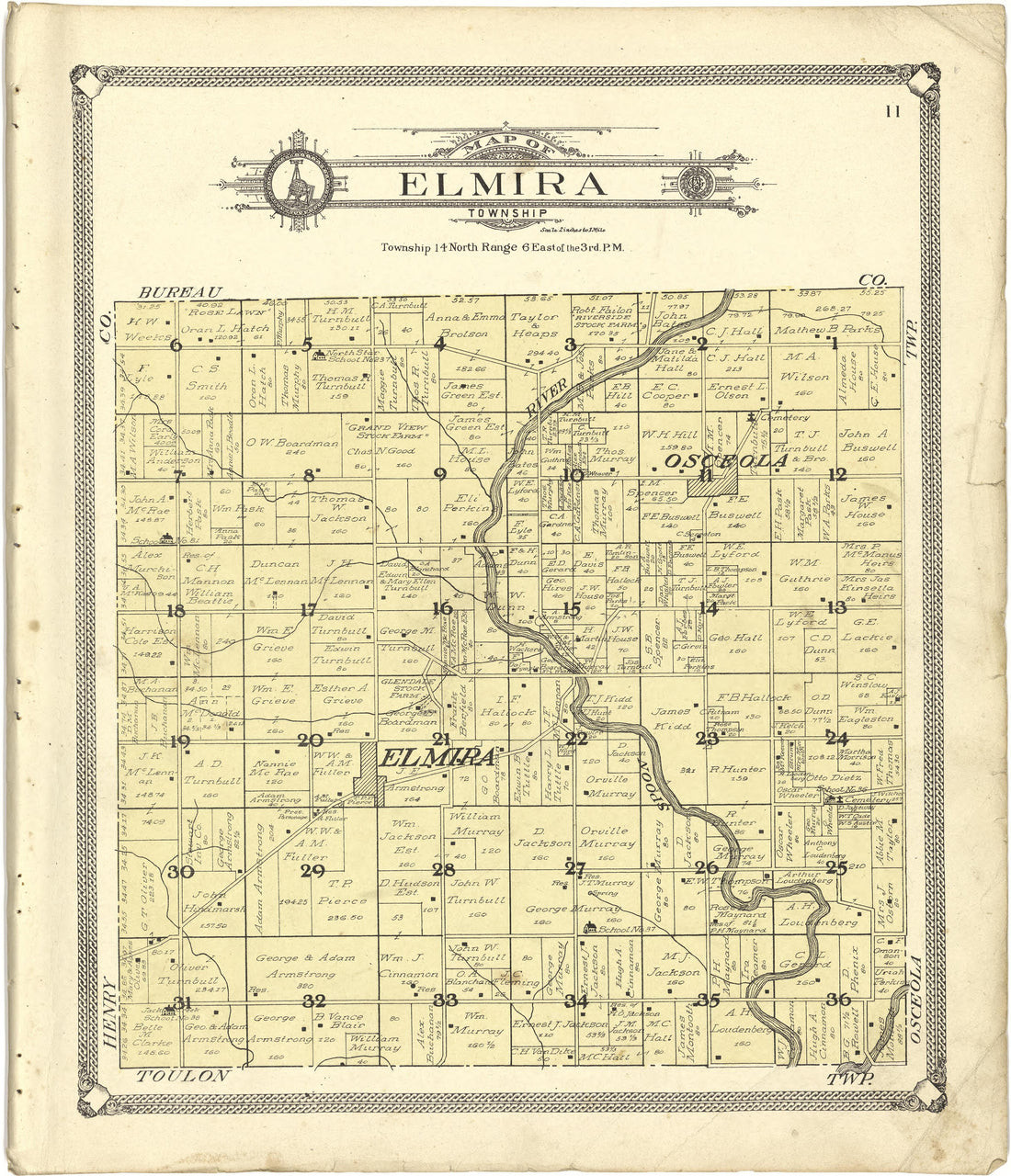 Map of Elmira Township from Standard Atlas of Stark County, Illinois : Including a Plat Book of the Villages, Cities and Townships of the County, Map of the State, United States and World : Patrons Directory, Reference … 1907 by Relic Map Company