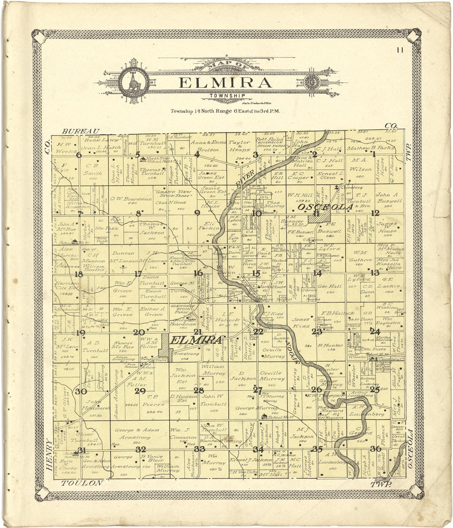 Map of Elmira Township from Standard Atlas of Stark County, Illinois : Including a Plat Book of the Villages, Cities and Townships of the County, Map of the State, United States and World : Patrons Directory, Reference … 1907 by Relic Map Company