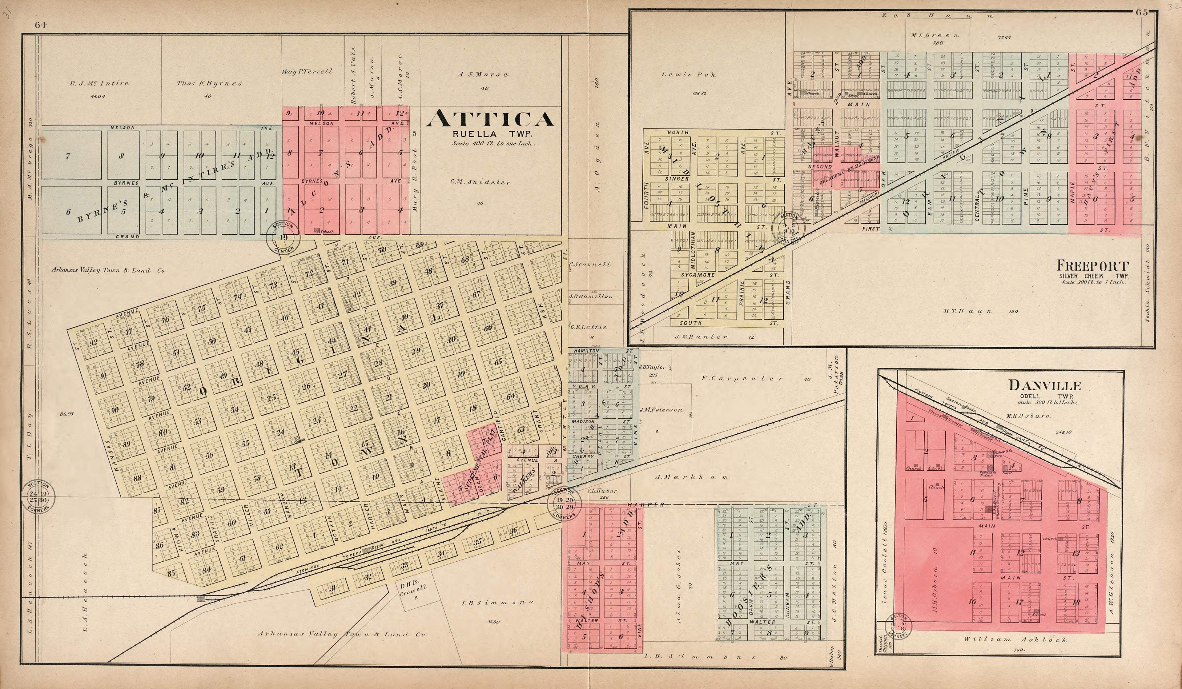 Attica, Ruella Township; Freeport, Silver Creek Township; Danville, Odelle Township from Standard Atlas of Harper County, Kansas : Including a Plat Book of the Villages, Cities and Townships of the County, Map of the State, United States and World, Pa... by Relic Map Company