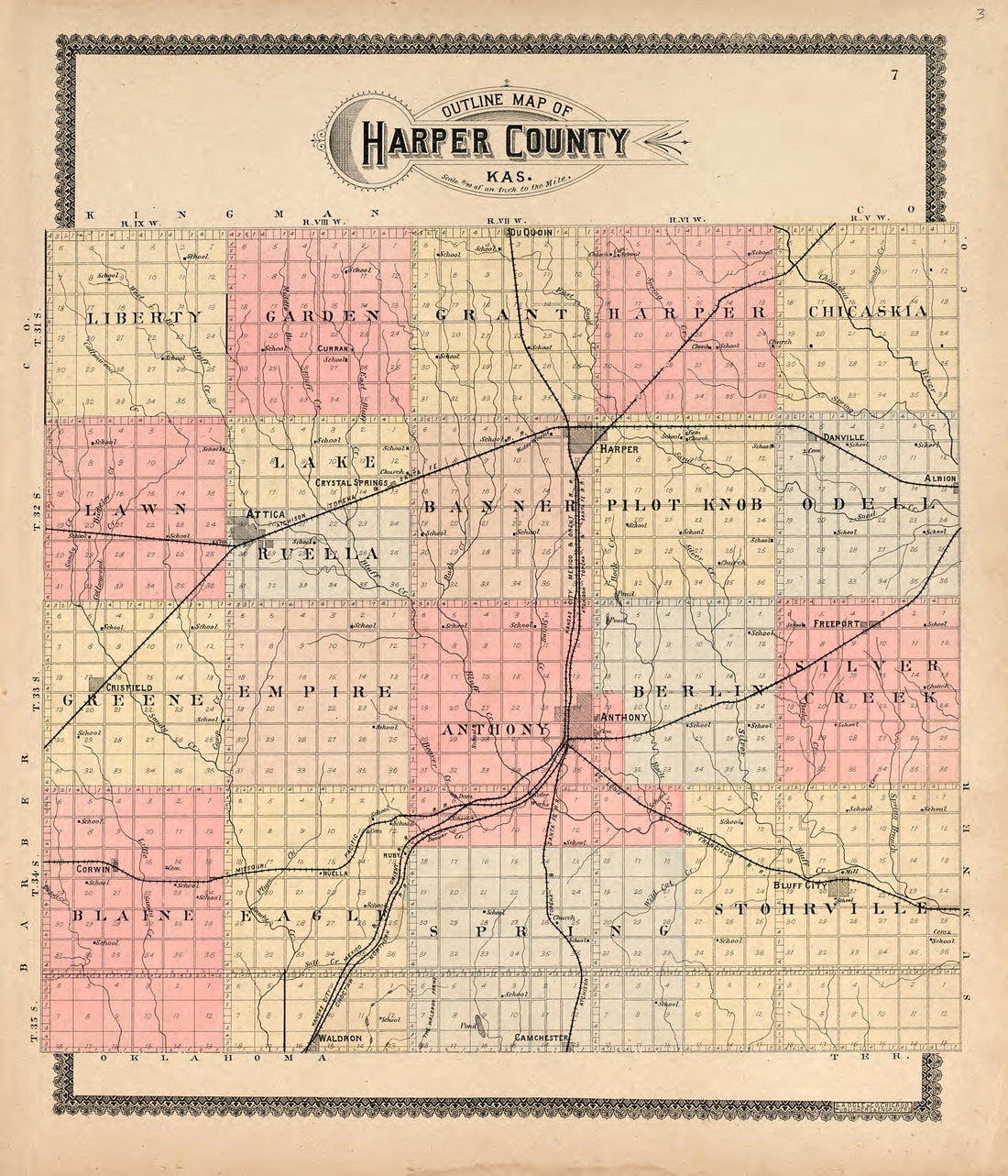Outline Map of Harper County, Kas. from Standard Atlas of Harper County, Kansas : Including a Plat Book of the Villages, Cities and Townships of the County, Map of the State, United States and World, Patrons Directory, Reference Business … 1902 by Relic Map Company