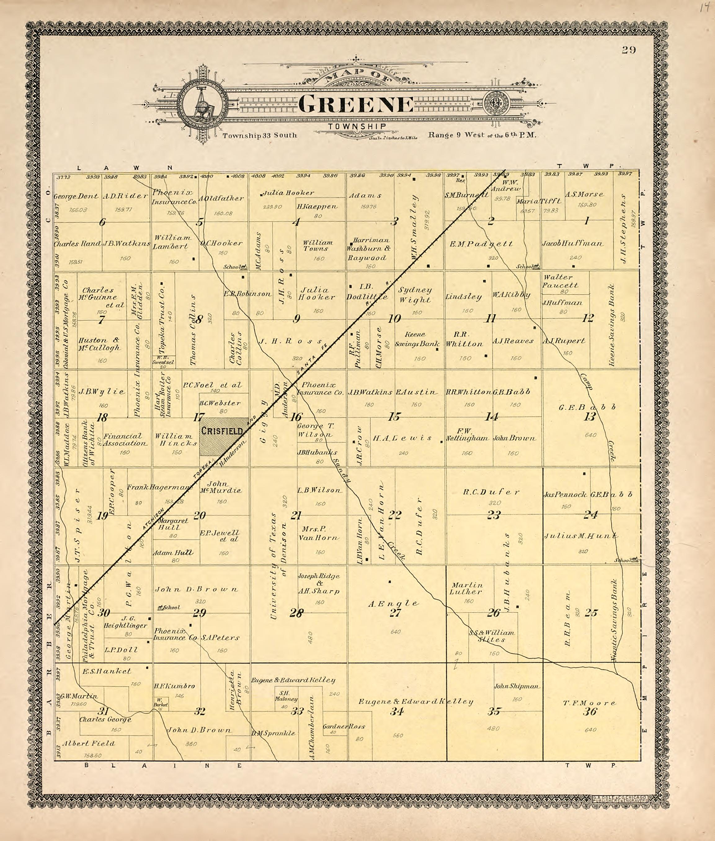 Map of Greene Township from Standard Atlas of Harper County, Kansas : Including a Plat Book of the Villages, Cities and Townships of the County, Map of the State, United States and World, Patrons Directory, Reference Business … 1902 by Relic Map Company