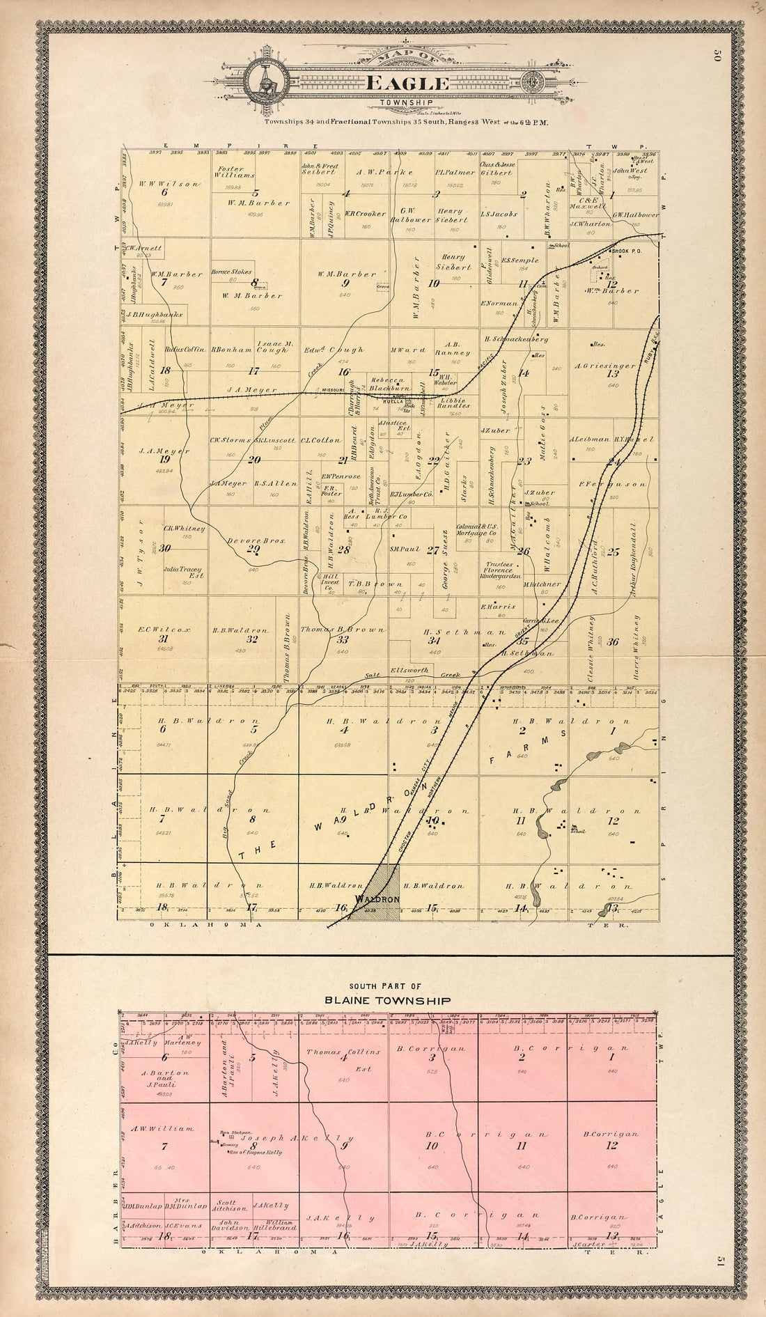 Map of Eagle Township; South East Part of Blaine Township from Standard Atlas of Harper County, Kansas : Including a Plat Book of the Villages, Cities and Townships of the County, Map of the State, United States and World, Patrons Directory, Reference... by Relic Map Company