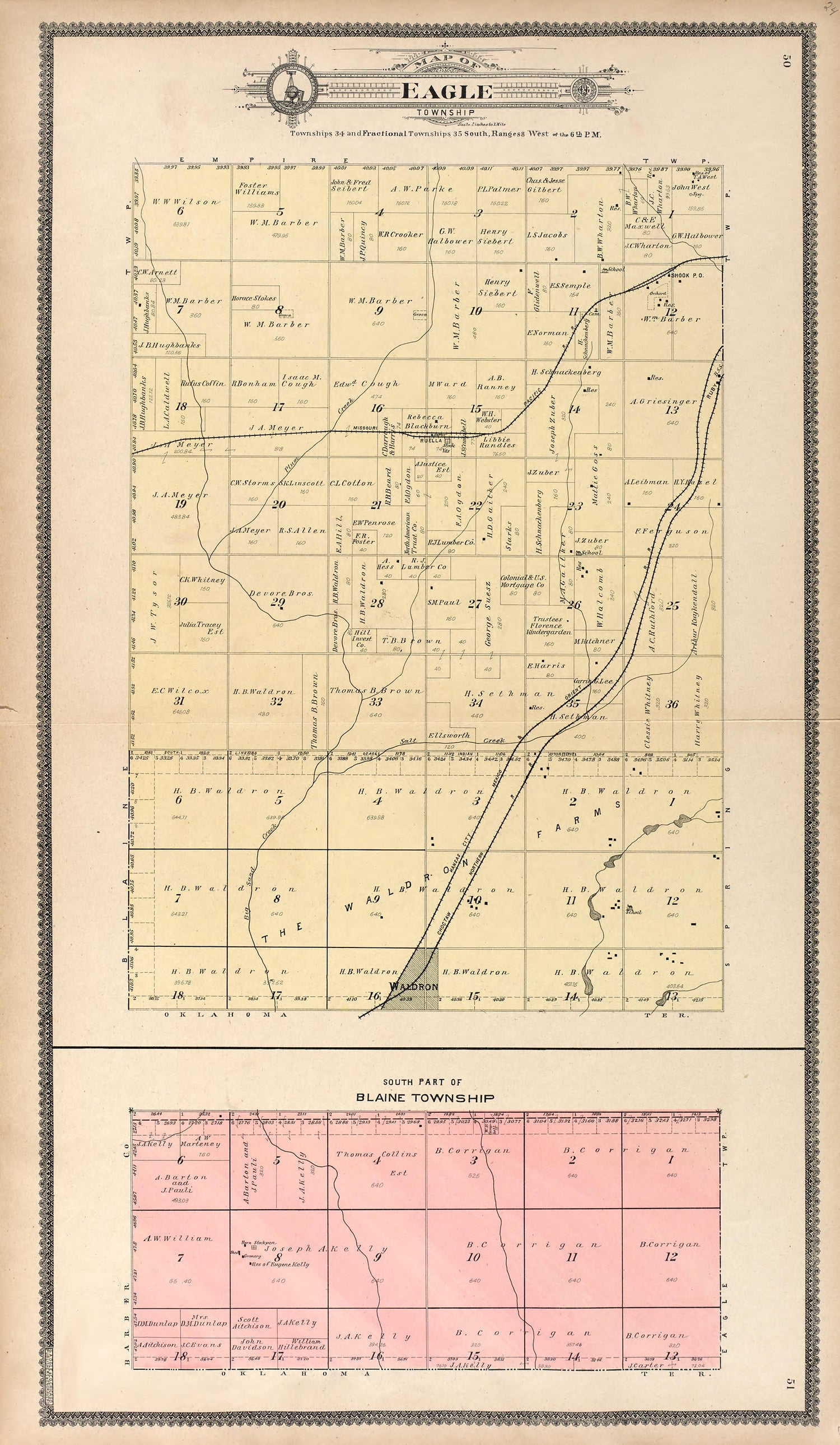 Map of Eagle Township; South East Part of Blaine Township from Standard Atlas of Harper County, Kansas : Including a Plat Book of the Villages, Cities and Townships of the County, Map of the State, United States and World, Patrons Directory, Reference... by Relic Map Company