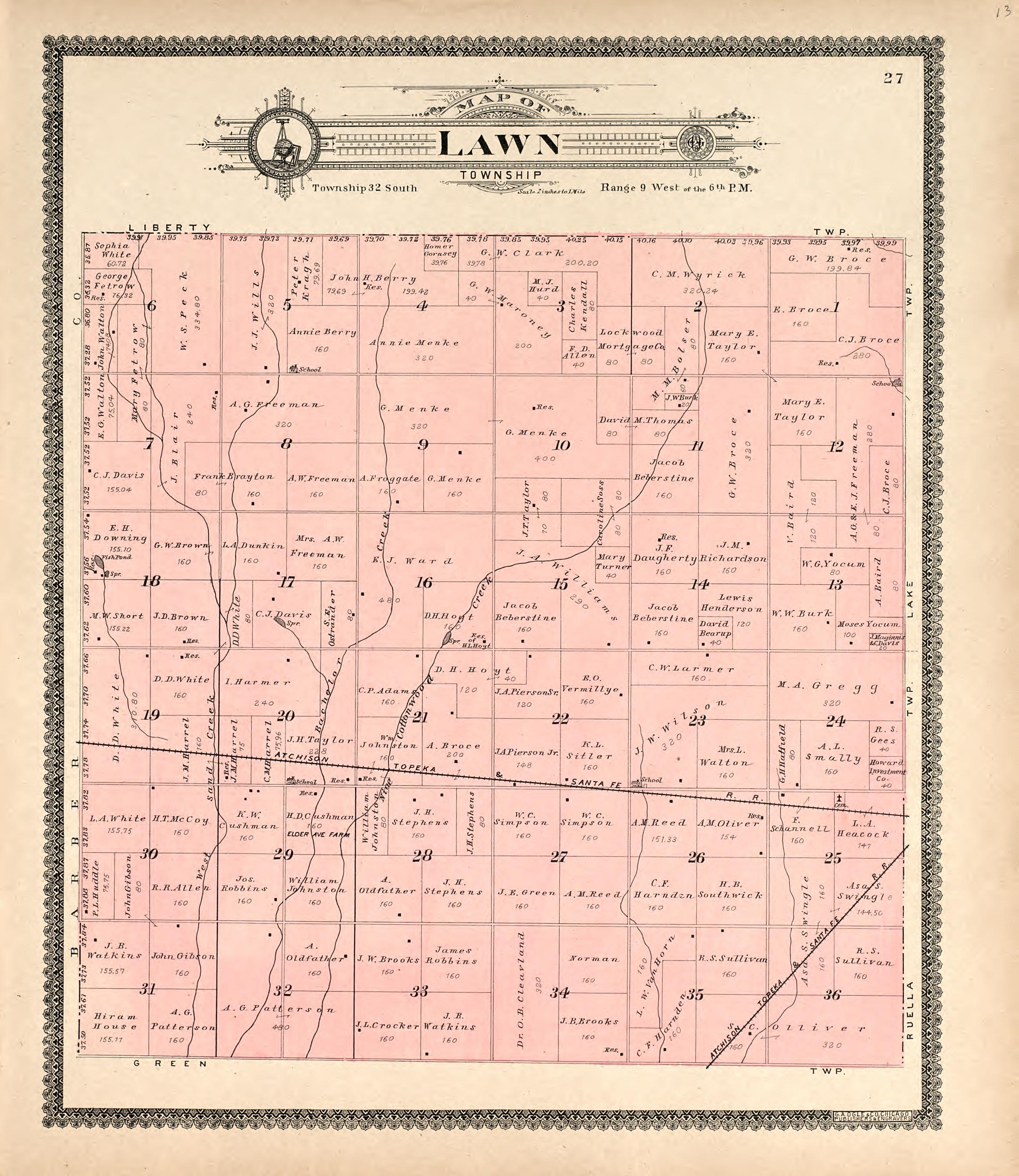 Map of Lawn Township from Standard Atlas of Harper County, Kansas : Including a Plat Book of the Villages, Cities and Townships of the County, Map of the State, United States and World, Patrons Directory, Reference Business … 1902 by Relic Map Company