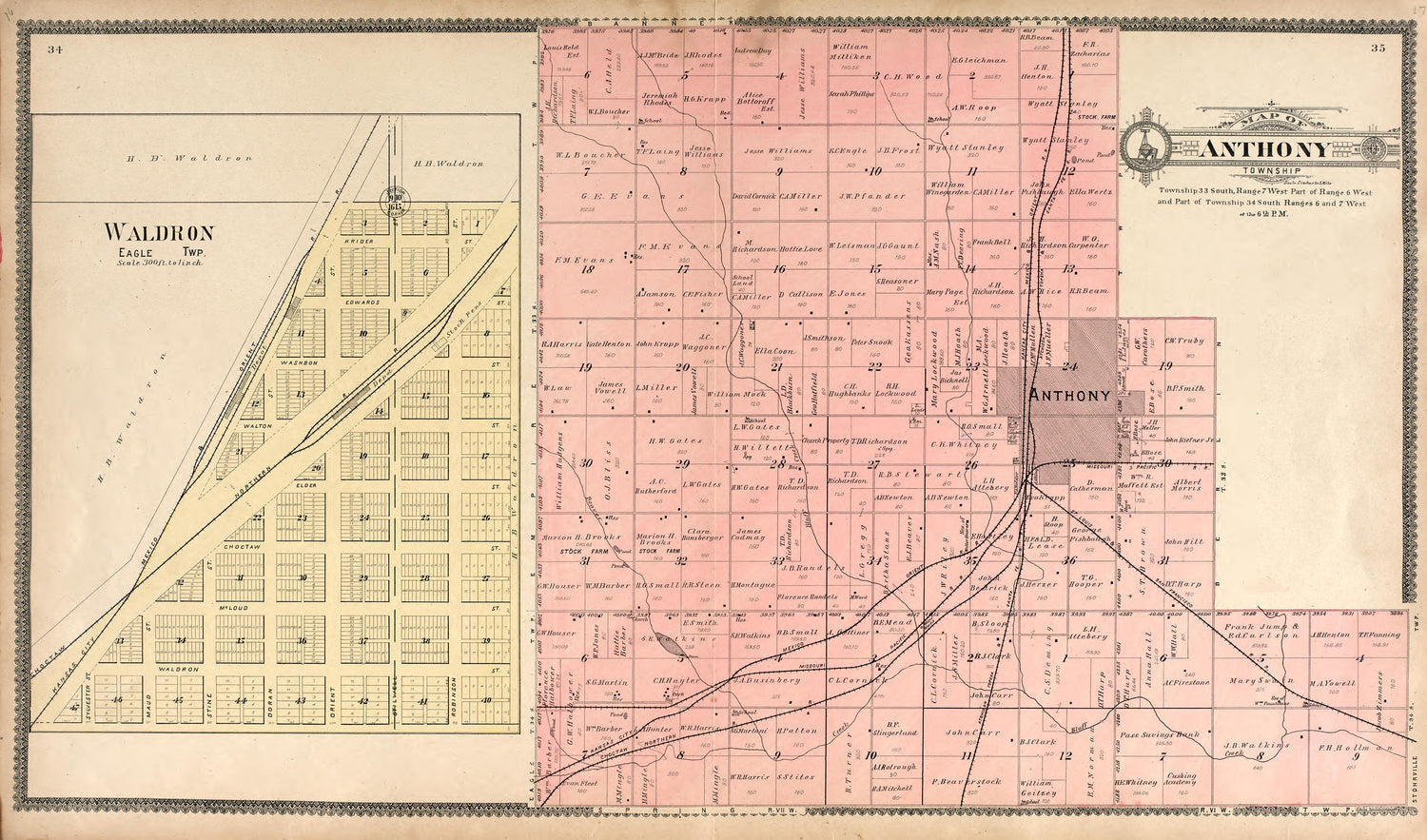 Waldron, Eagle Township; Map of Anthony Township from Standard Atlas of Harper County, Kansas : Including a Plat Book of the Villages, Cities and Townships of the County, Map of the State, United States and World, Patrons Directory, Reference Business... by Relic Map Company