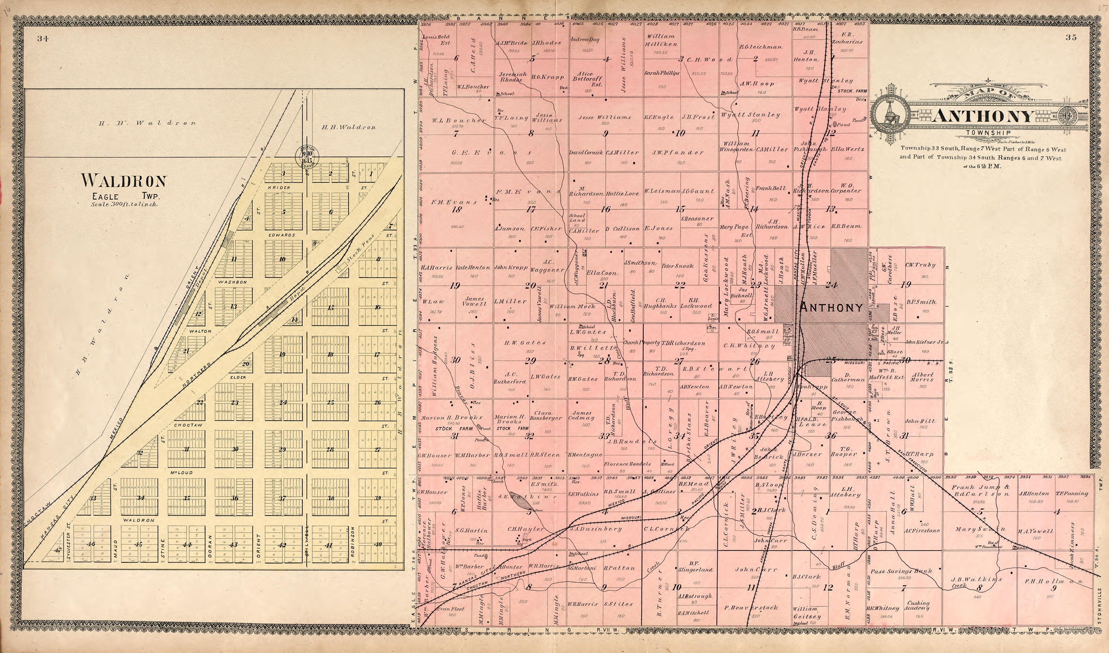 Waldron, Eagle Township; Map of Anthony Township from Standard Atlas of Harper County, Kansas : Including a Plat Book of the Villages, Cities and Townships of the County, Map of the State, United States and World, Patrons Directory, Reference Business... by Relic Map Company