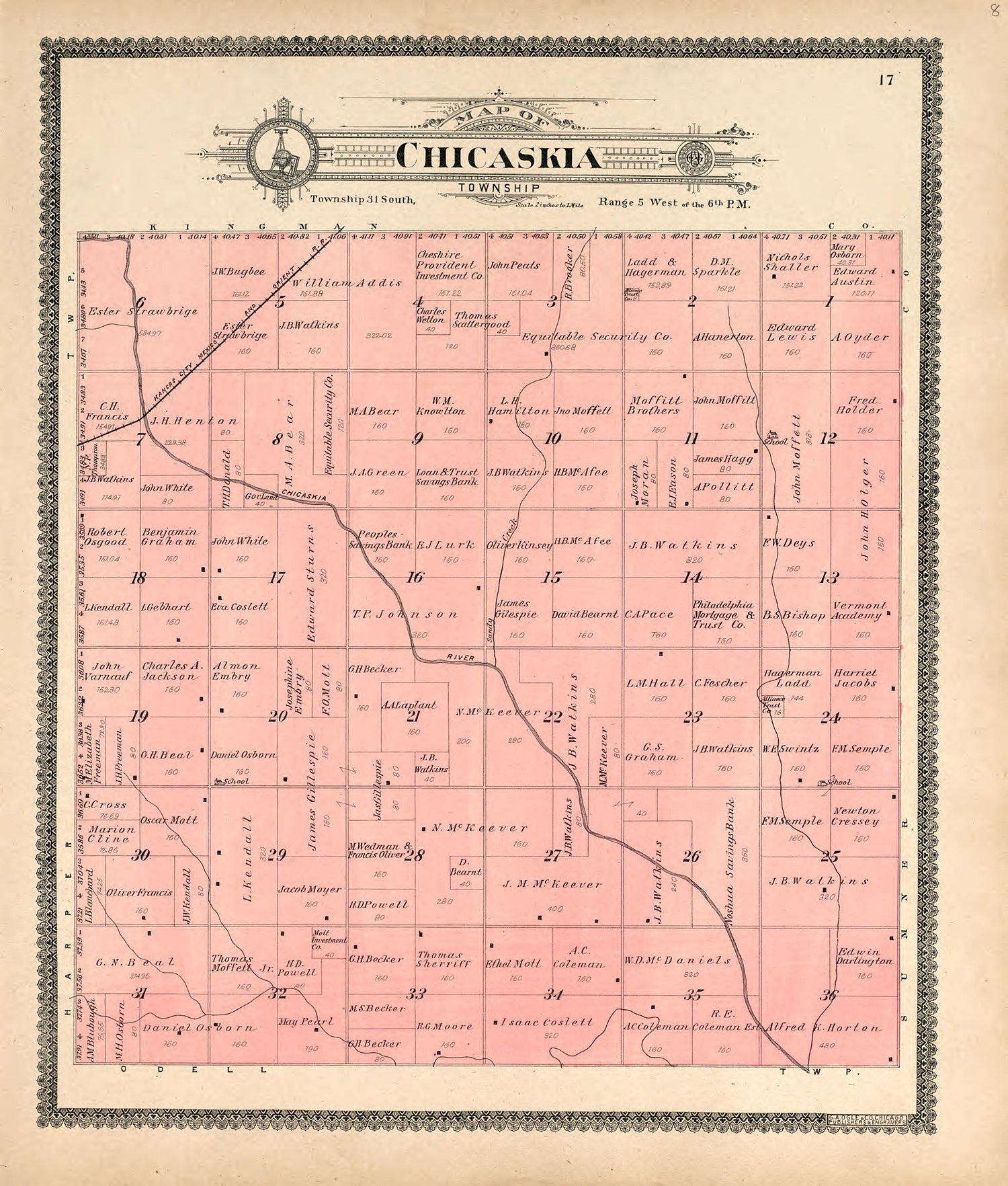 Chikaskia Township from Standard Atlas of Harper County, Kansas : Including a Plat Book of the Villages, Cities and Townships of the County, Map of the State, United States and World, Patrons Directory, Reference Business … 1902 by Relic Map Company