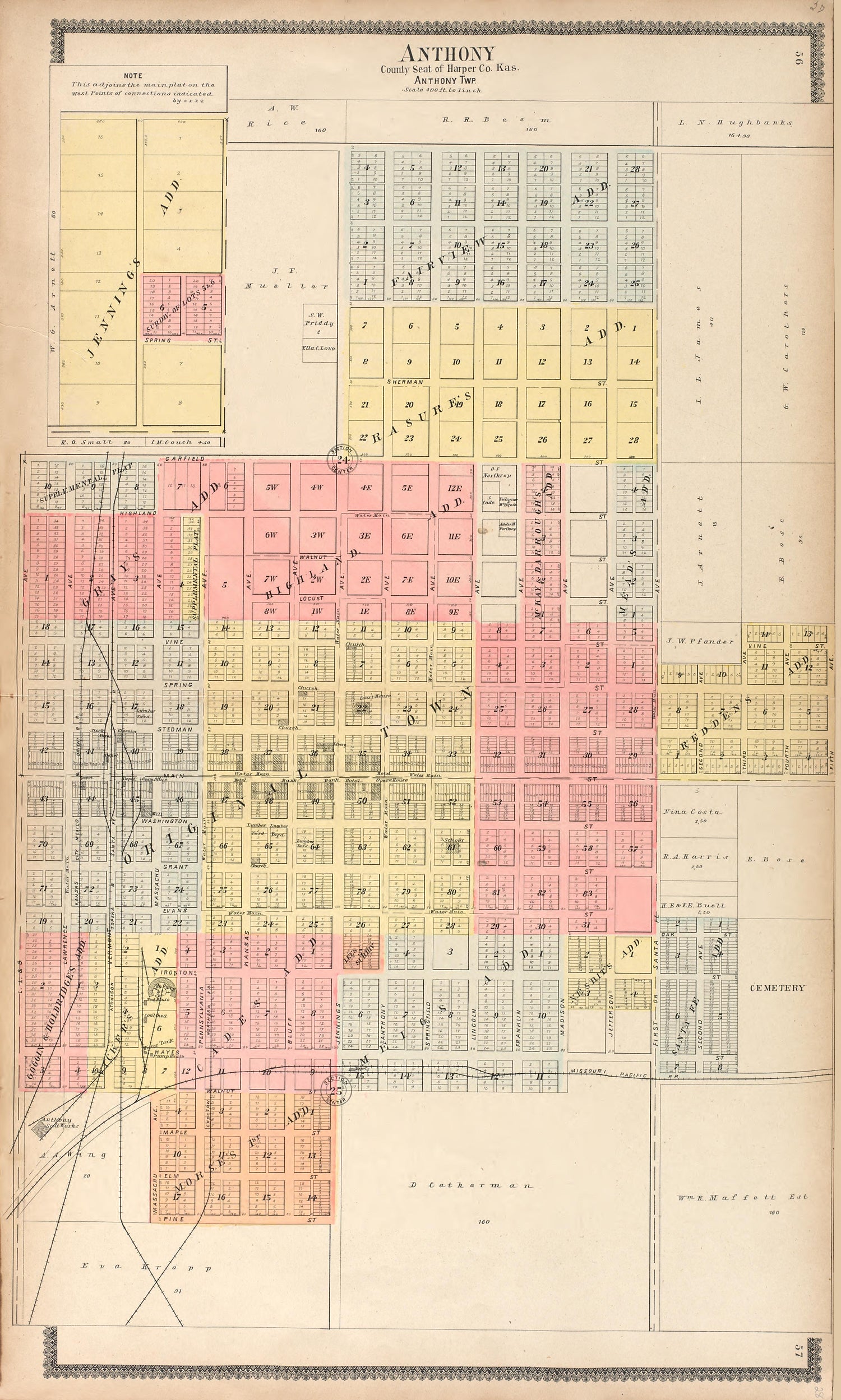 Anothony, County Seat of Harper County, Kas., Anthony Township from Standard Atlas of Harper County, Kansas : Including a Plat Book of the Villages, Cities and Townships of the County, Map of the State, United States and World, Patrons Directory, Refe... by Relic Map Company