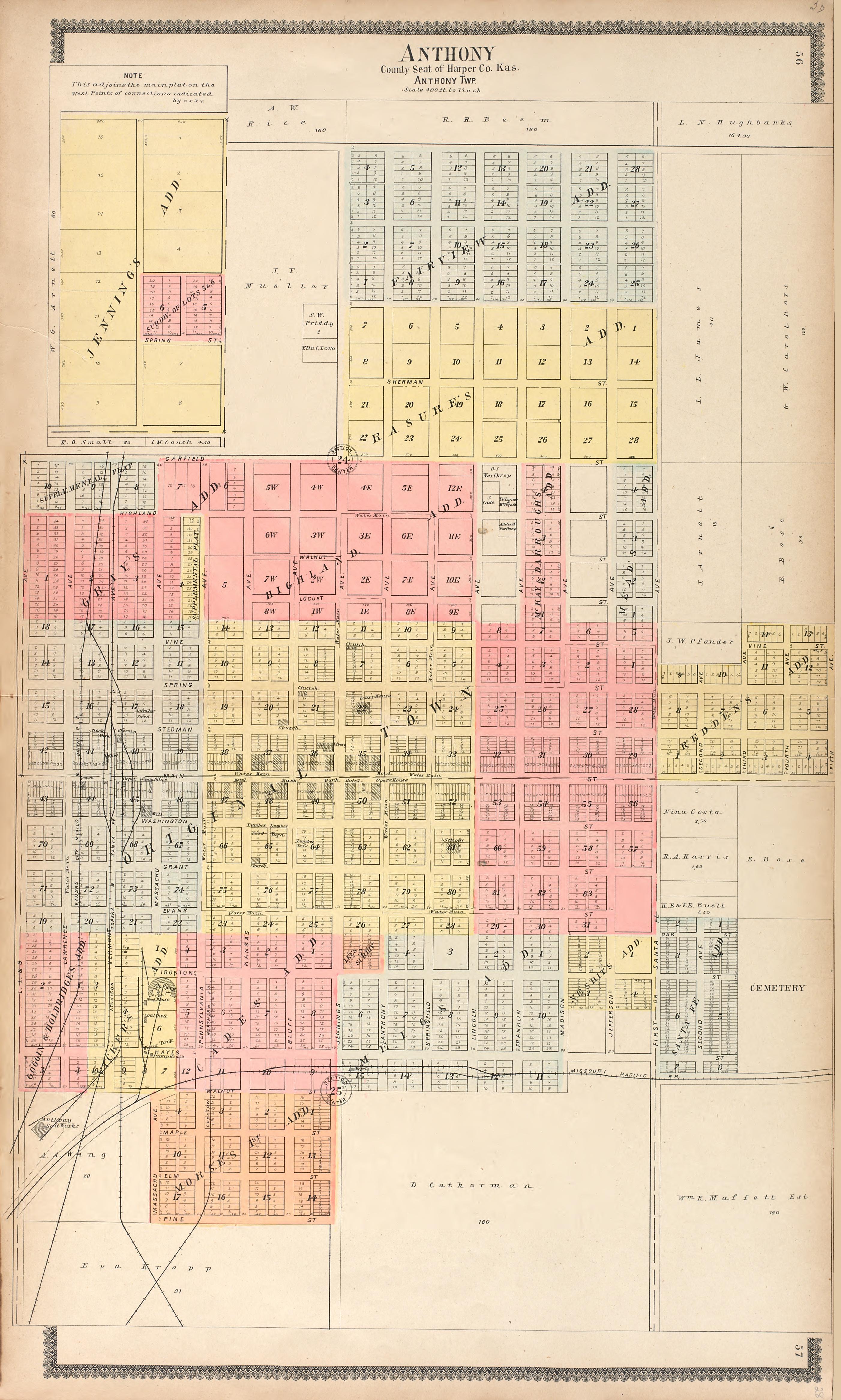 Anothony, County Seat of Harper County, Kas., Anthony Township from Standard Atlas of Harper County, Kansas : Including a Plat Book of the Villages, Cities and Townships of the County, Map of the State, United States and World, Patrons Directory, Refe... by Relic Map Company