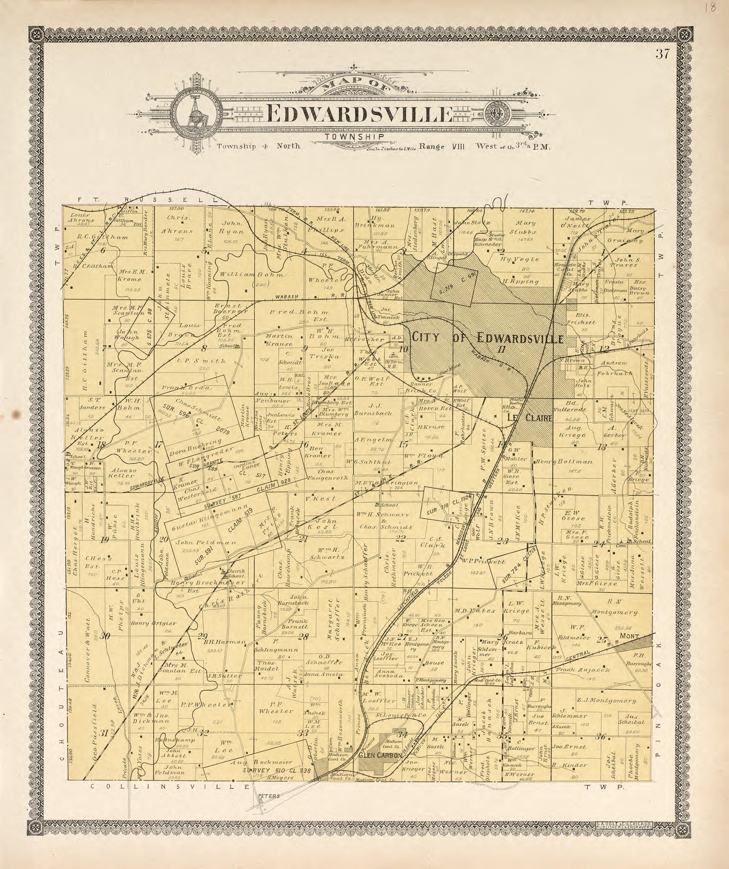 Edwardsville Township from Standard Atlas of Madison County, Illinois : Including a Plat Book of the Villages, Cities and Townships of the County, Map of the State, United States and World : Patrons Directory, Reference … 1906 by Relic Map Company