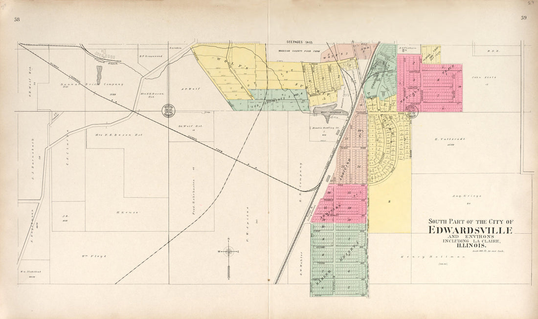 South Part of Edwardsville from Standard Atlas of Madison County, Illinois : Including a Plat Book of the Villages, Cities and Townships of the County, Map of the State, United States and World : Patrons Directory, Reference … 1906 by Relic Map Company